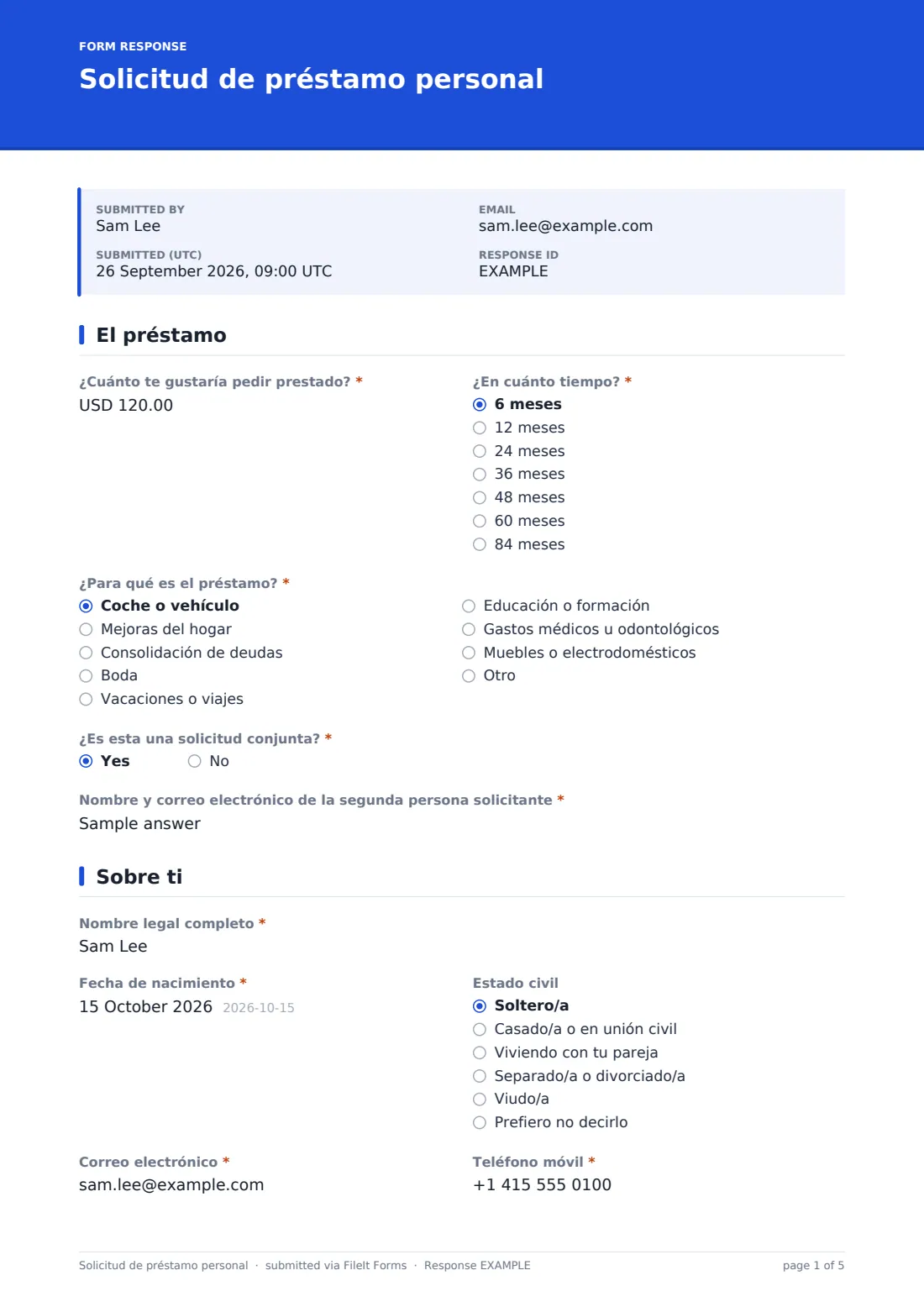 Solicitud de préstamo personal — PDF de respuesta de ejemplo, página 1 de 5