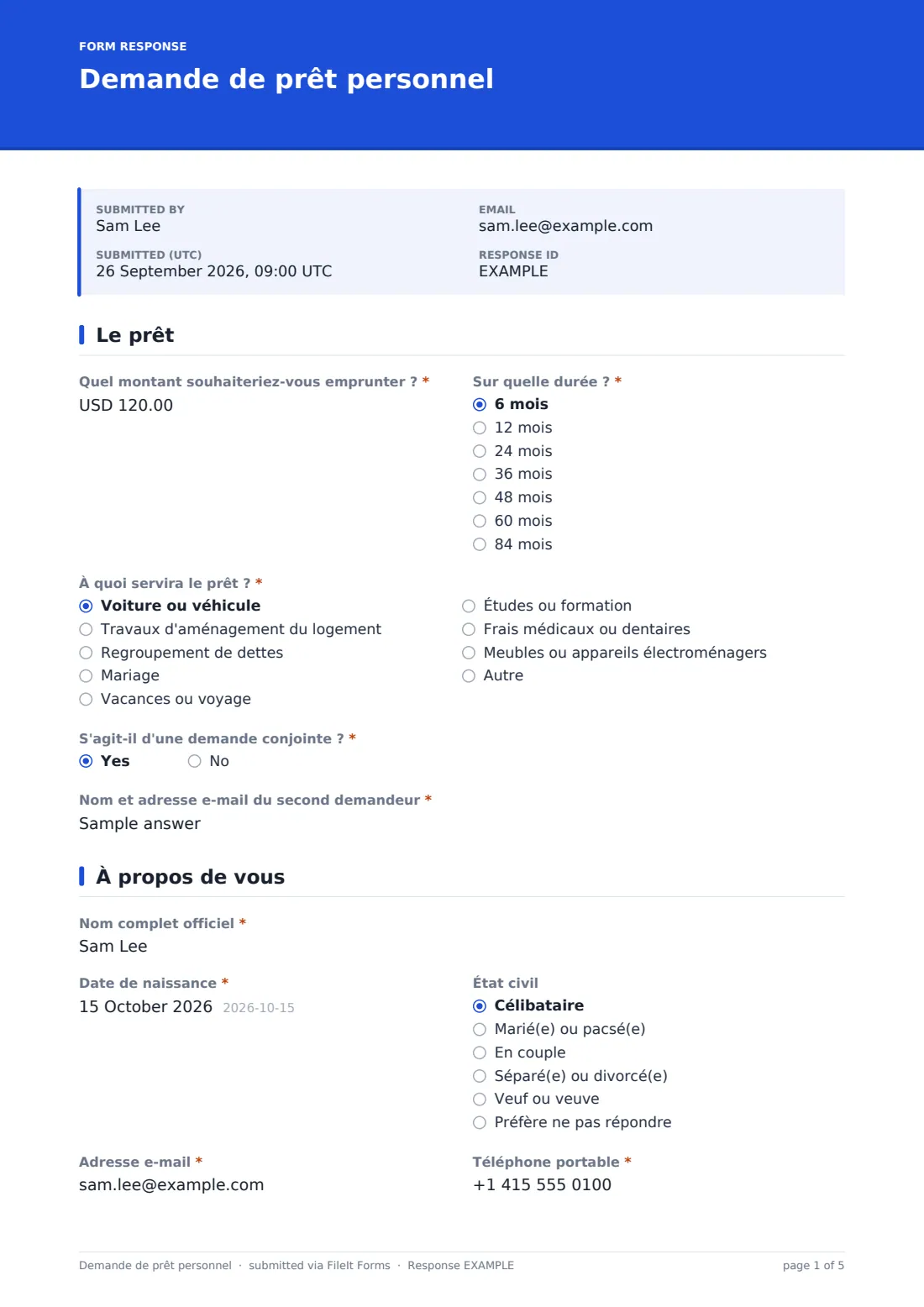 Demande de prêt personnel — exemple de réponse au format PDF, page 1 sur 5