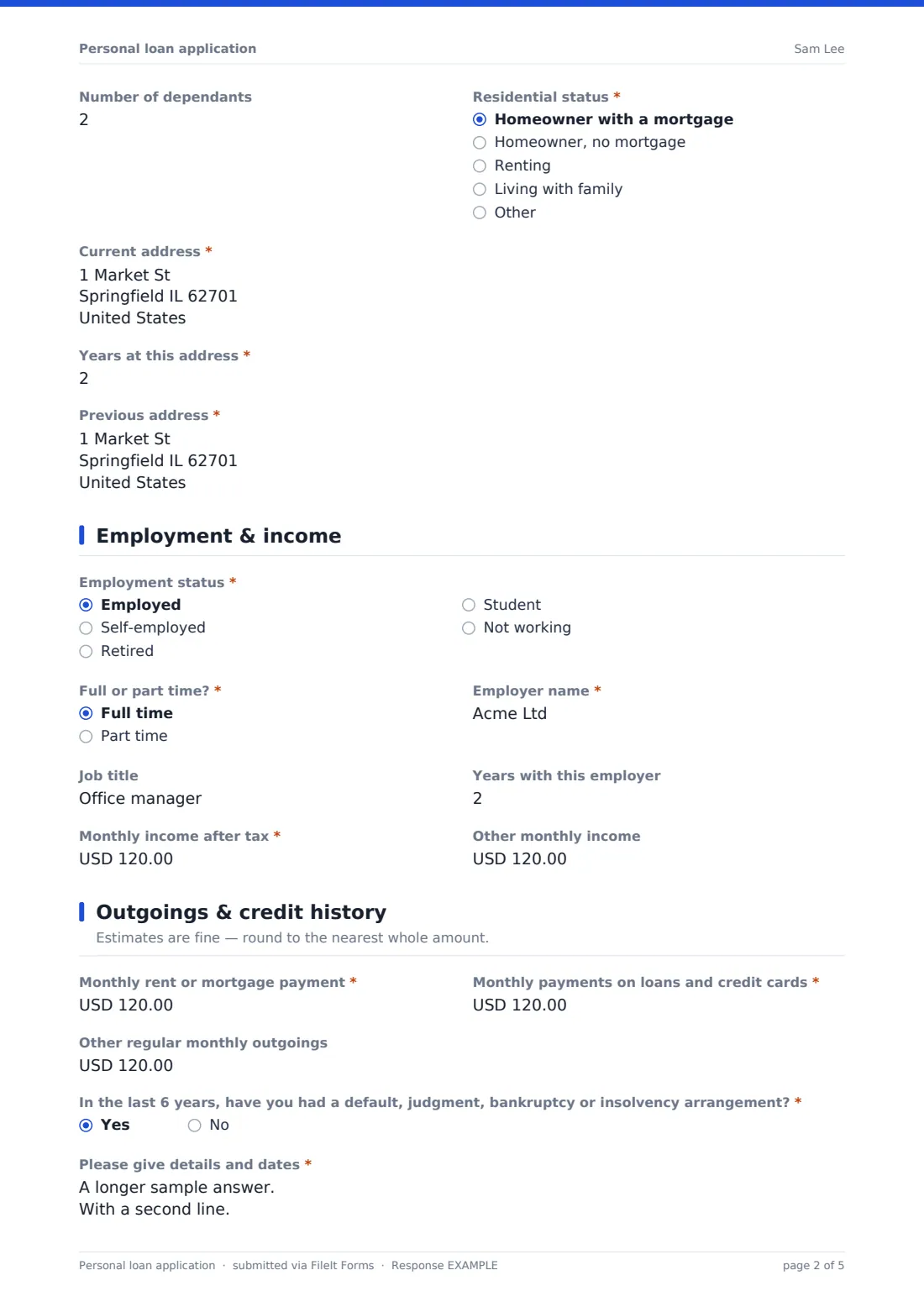 Personal loan application — example response PDF, page 2 of 5