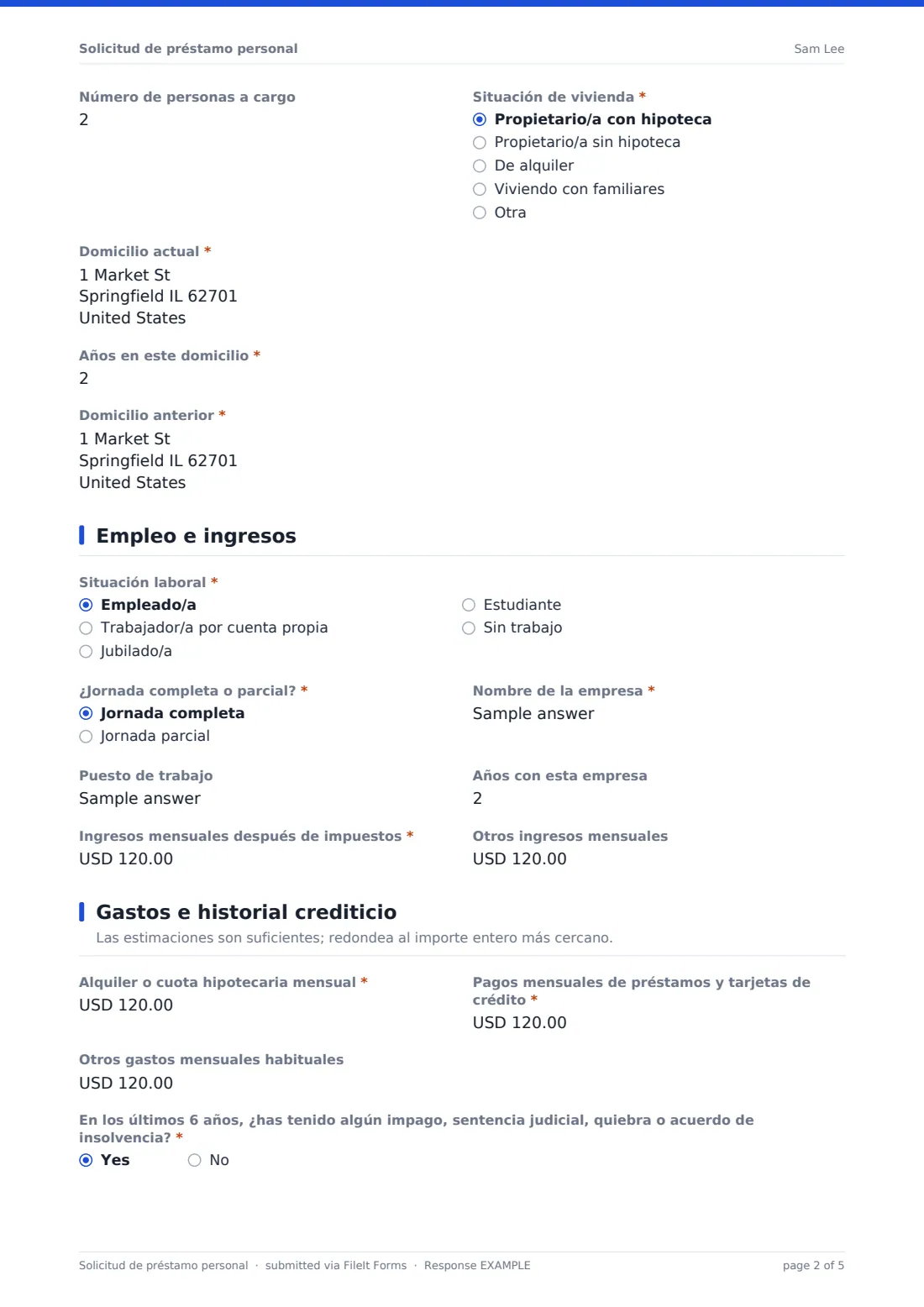 Solicitud de préstamo personal — PDF de respuesta de ejemplo, página 2 de 5