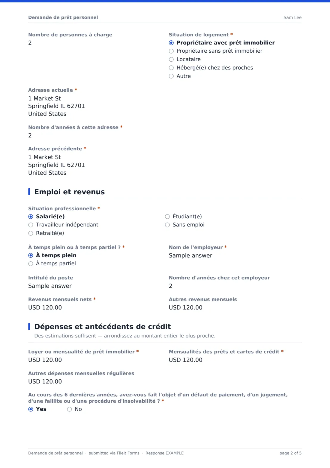 Demande de prêt personnel — exemple de réponse au format PDF, page 2 sur 5