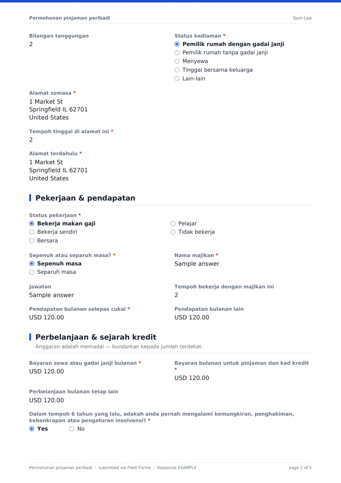 Permohonan pinjaman peribadi — PDF respons contoh, halaman 2 daripada 5