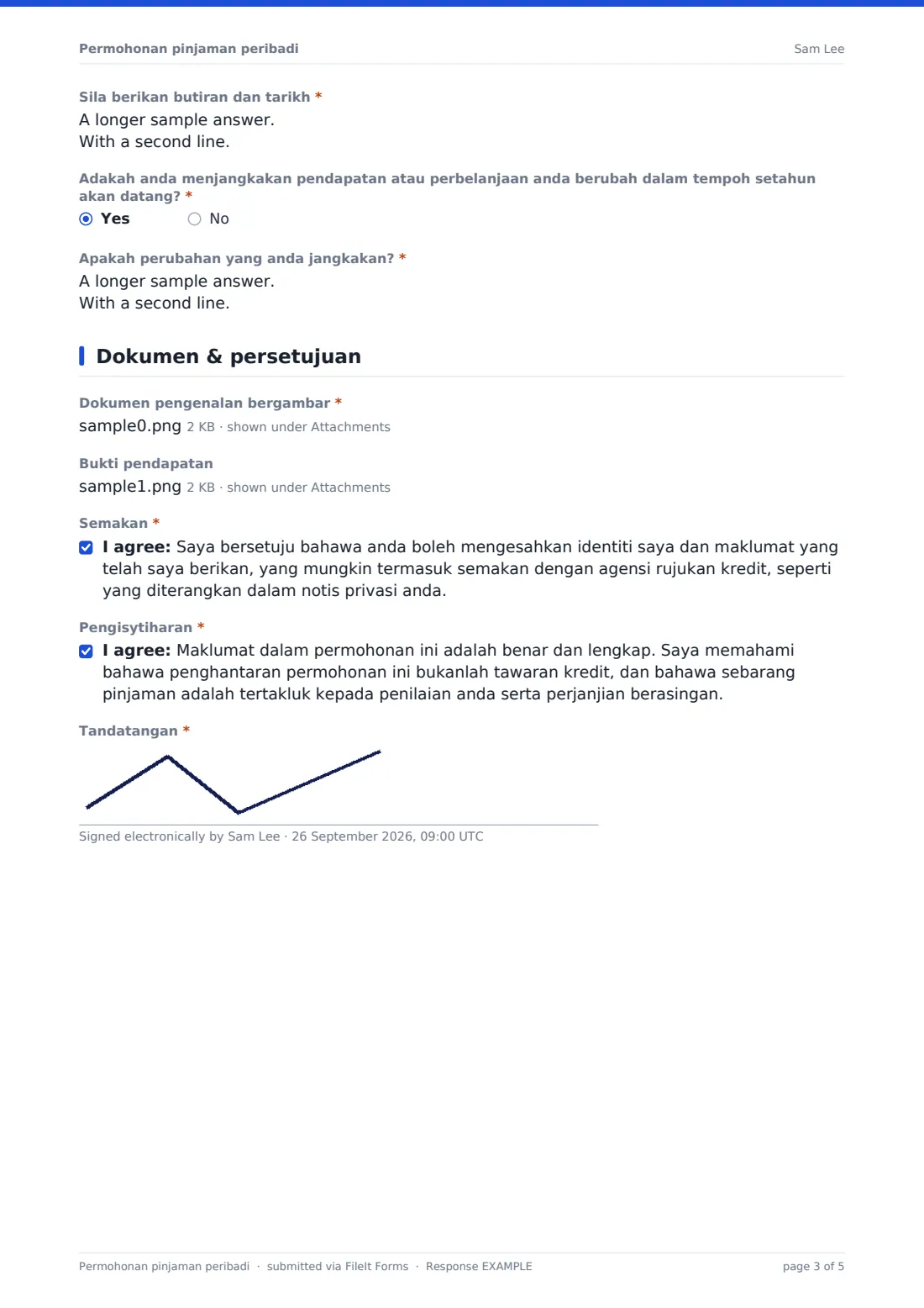 Permohonan pinjaman peribadi — PDF respons contoh, halaman 3 daripada 5