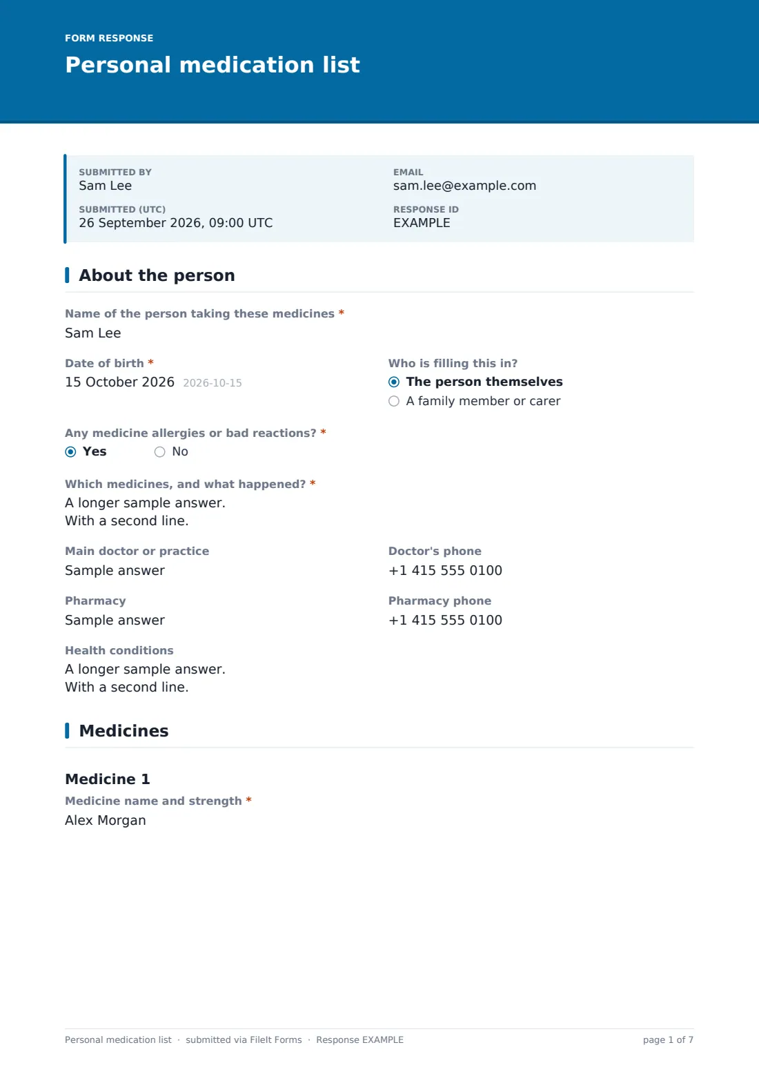 Personal medication list — example response PDF, page 1 of 7
