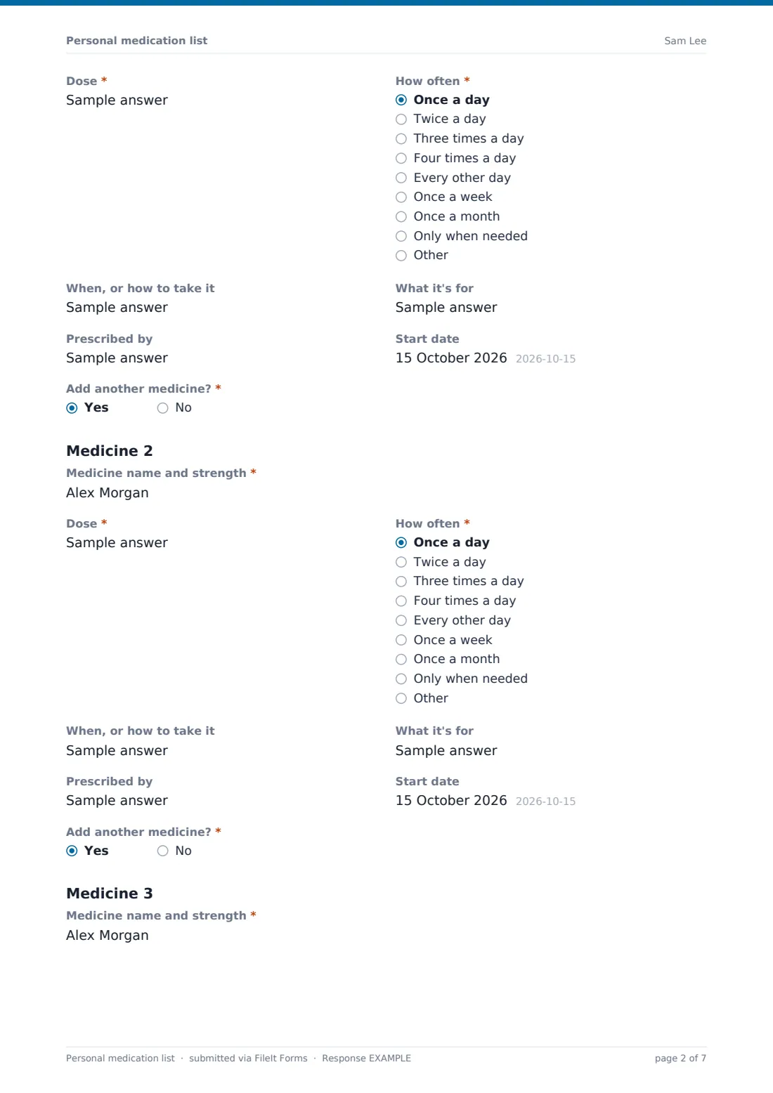 Personal medication list — example response PDF, page 2 of 7
