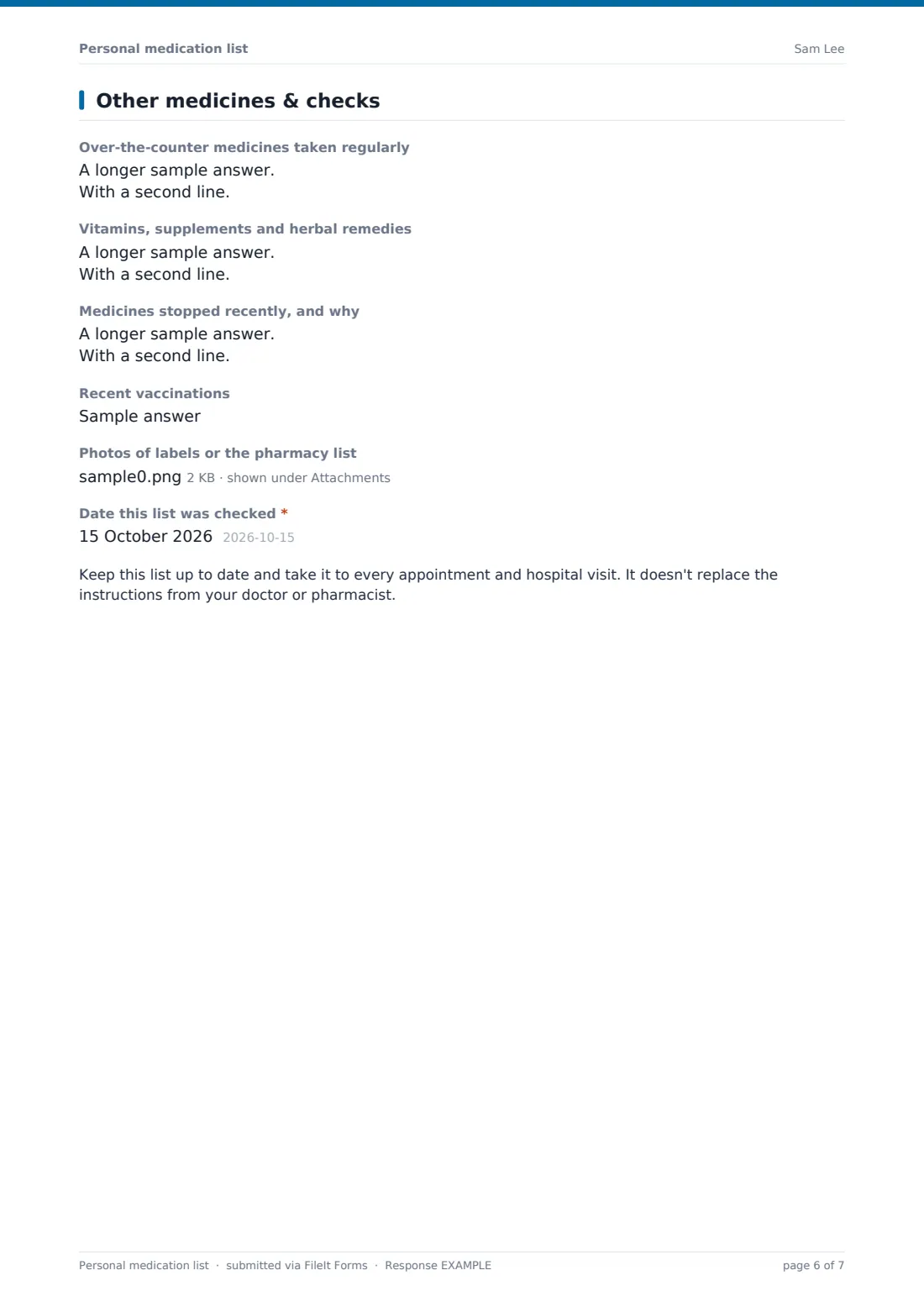 Personal medication list — example response PDF, page 6 of 7