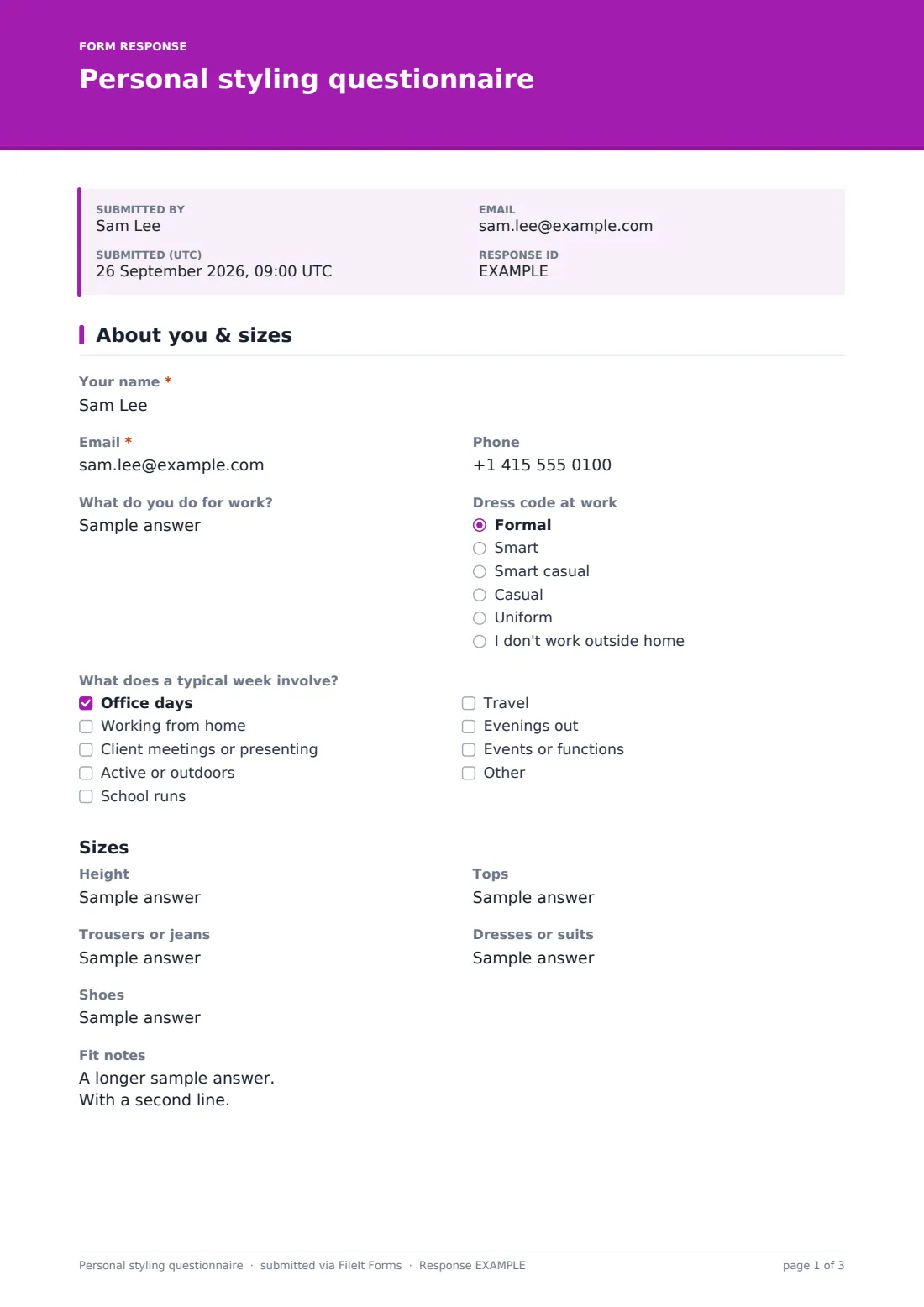 Personal styling questionnaire — example response PDF, page 1 of 3
