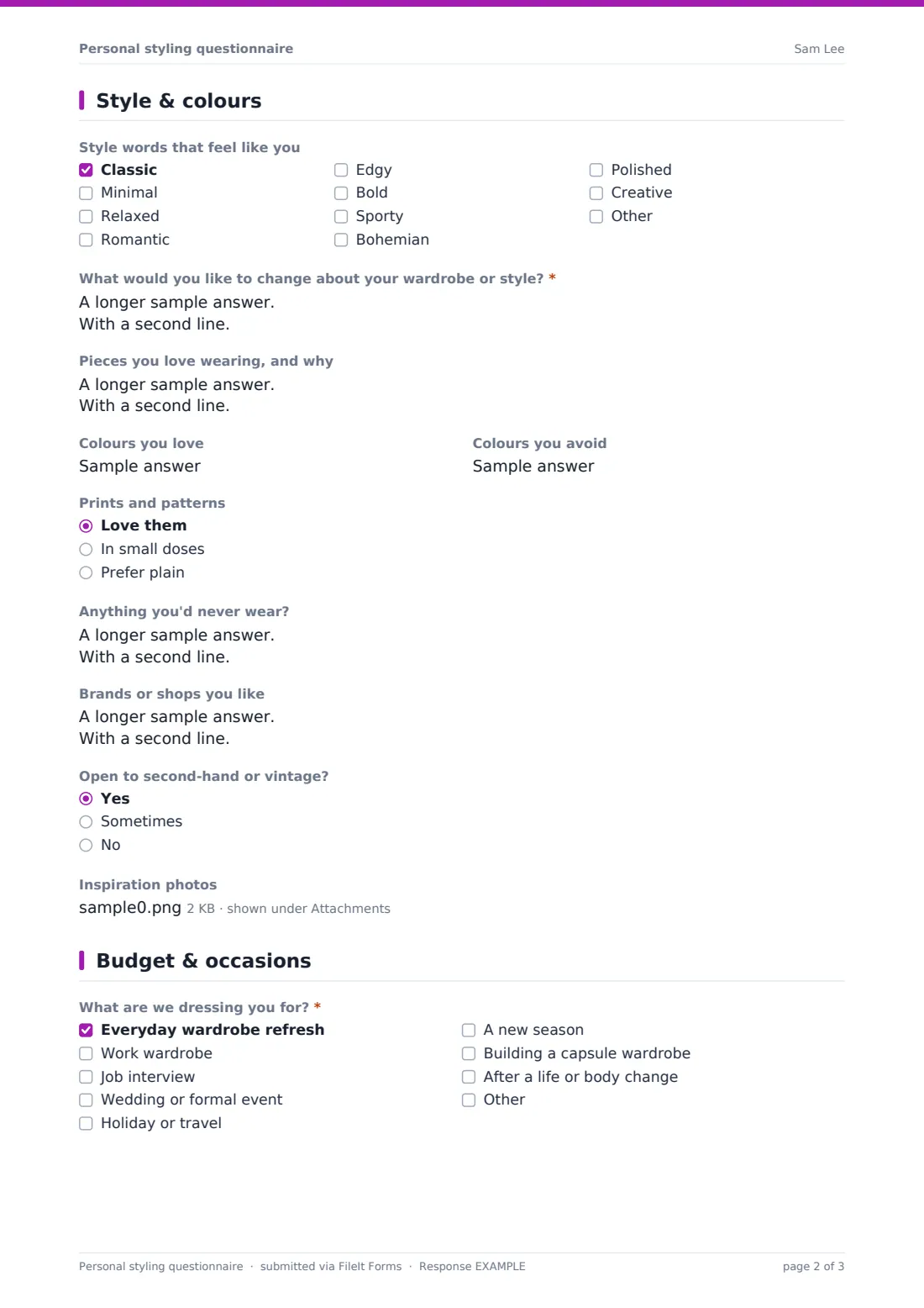 Personal styling questionnaire — example response PDF, page 2 of 3