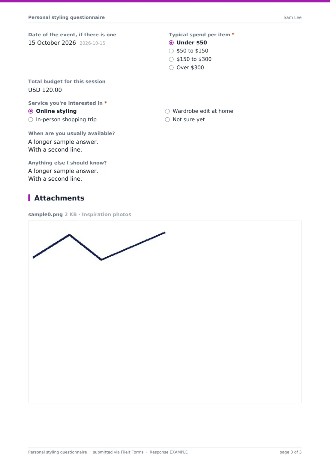 Personal styling questionnaire — example response PDF, page 3 of 3