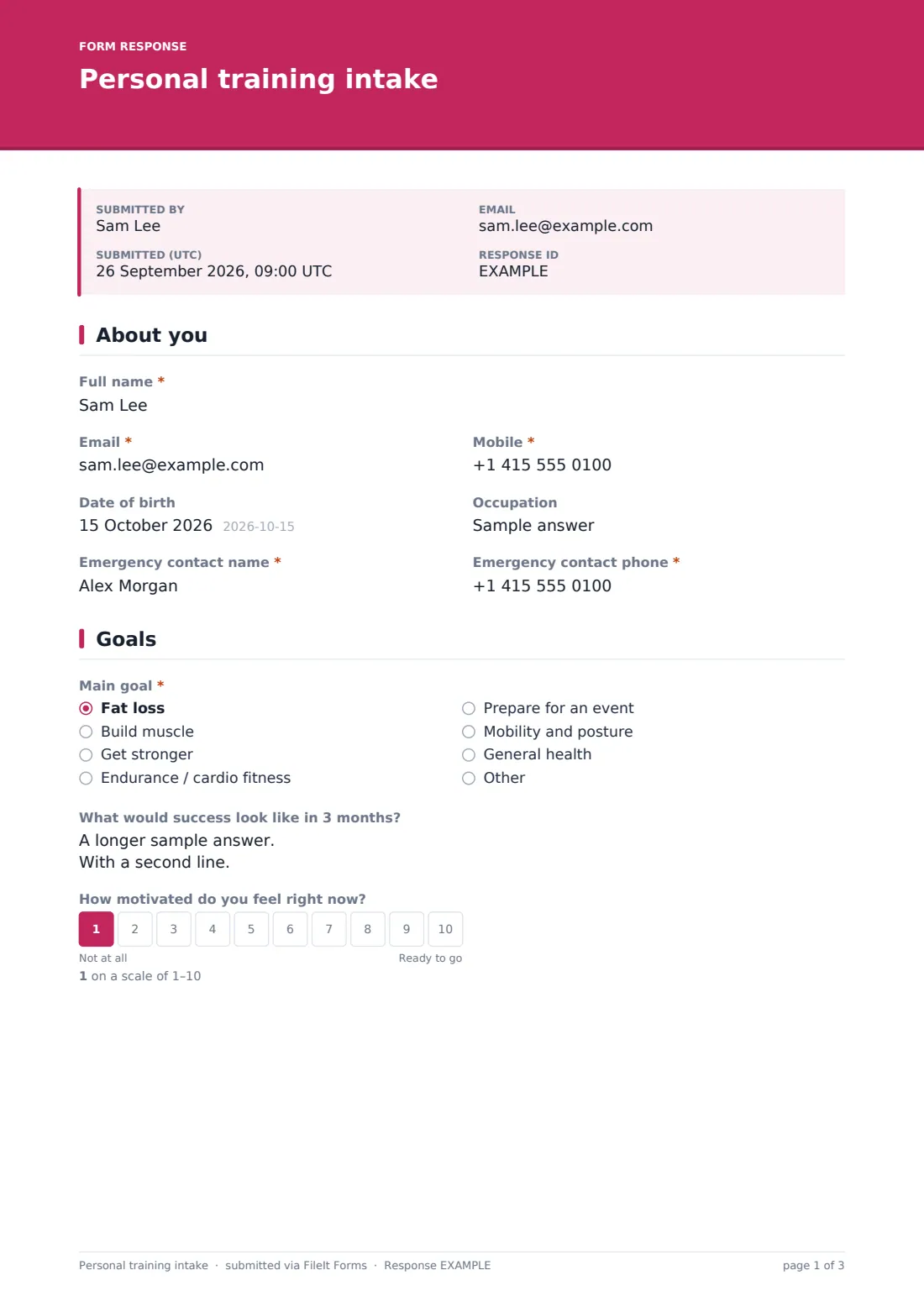 Personal training intake — example response PDF, page 1 of 3