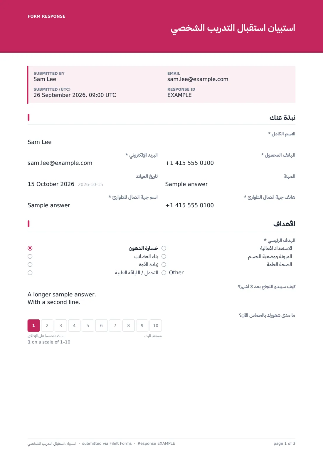 استبيان استقبال التدريب الشخصي — ملف PDF لرد نموذجي، الصفحة 1 من 3