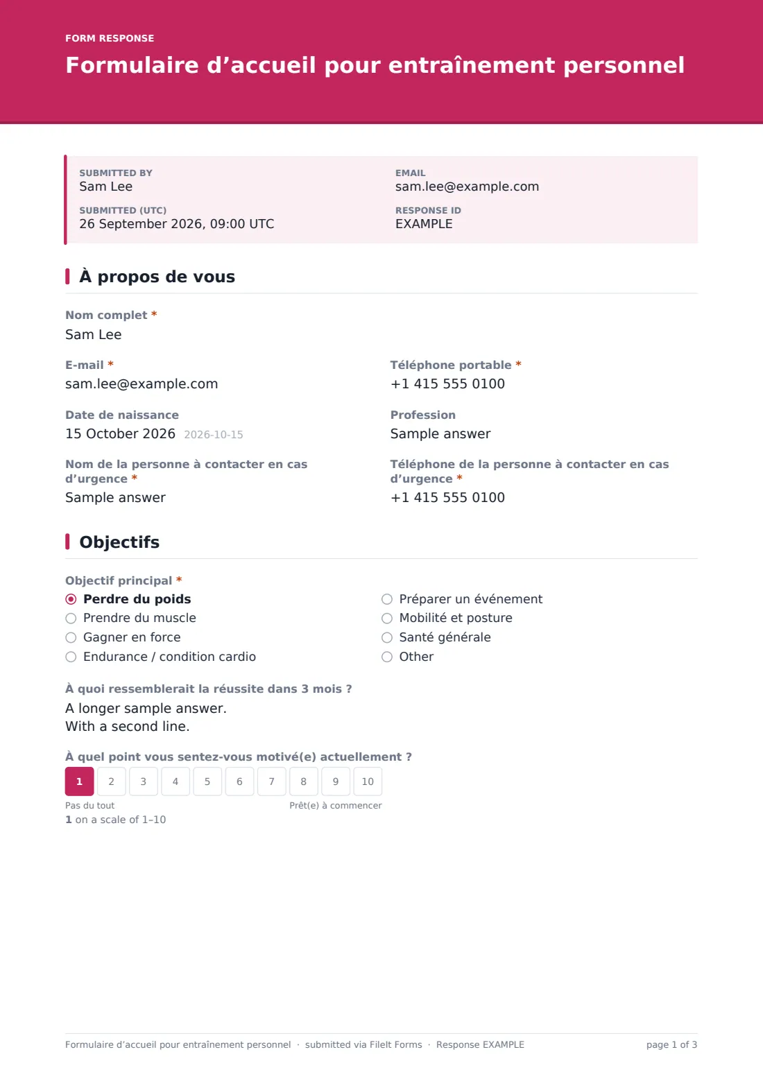 Formulaire d’accueil pour entraînement personnel — exemple de réponse au format PDF, page 1 sur 3