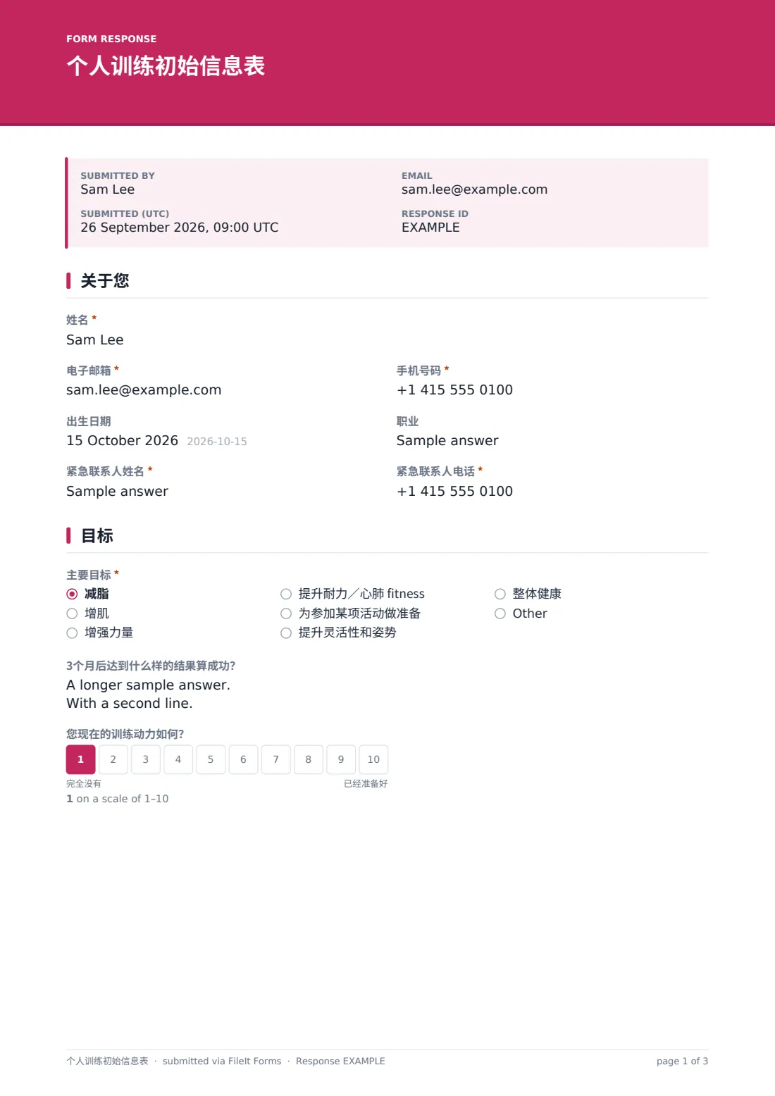 个人训练初始信息表 — 示例回复 PDF，第 1 页，共 3 页