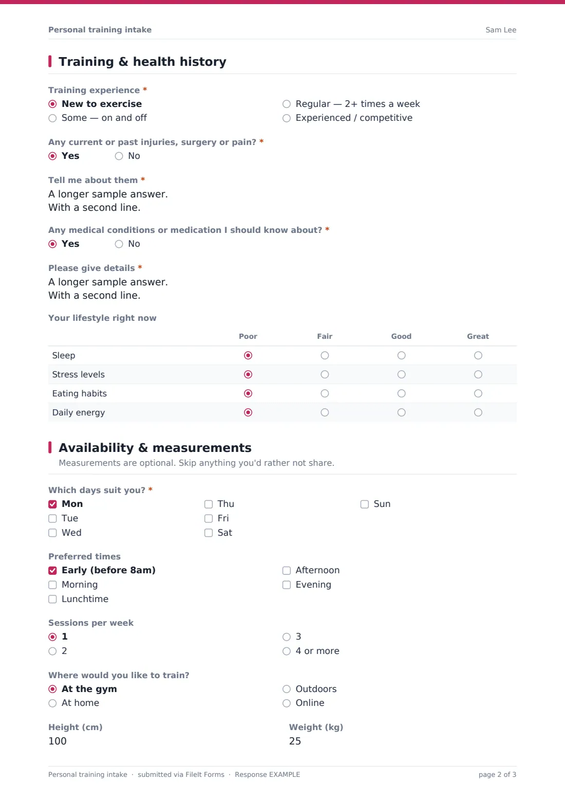 Personal training intake — example response PDF, page 2 of 3