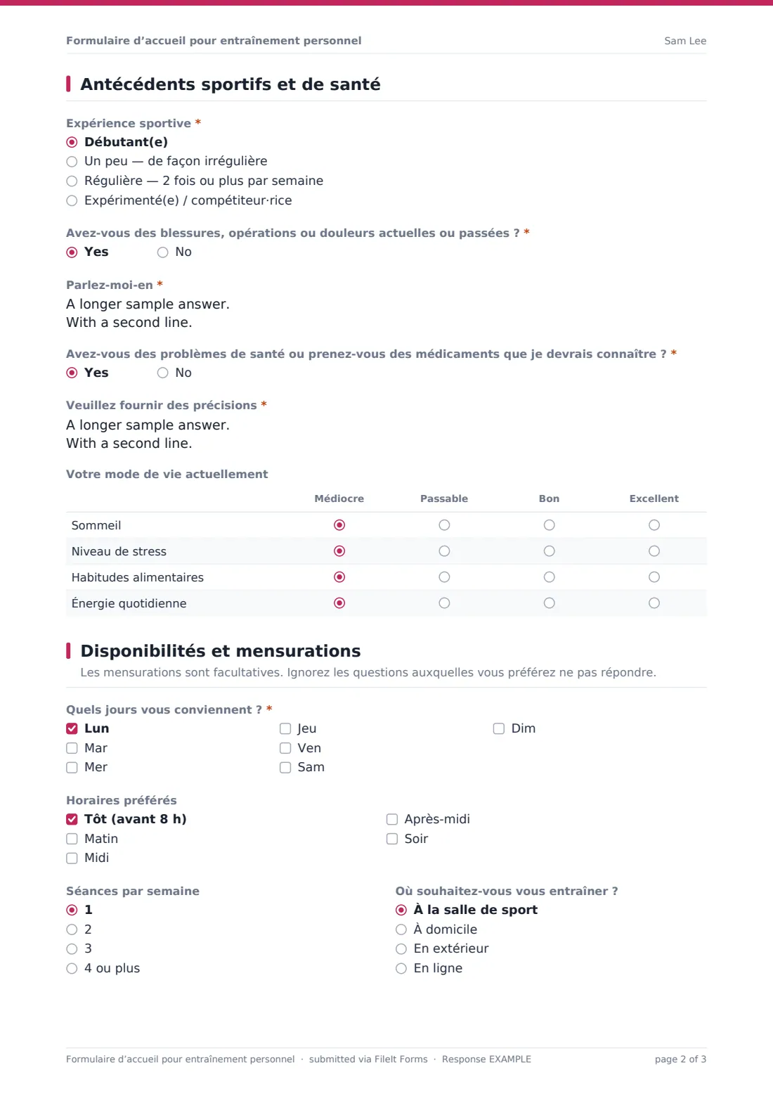 Formulaire d’accueil pour entraînement personnel — exemple de réponse au format PDF, page 2 sur 3