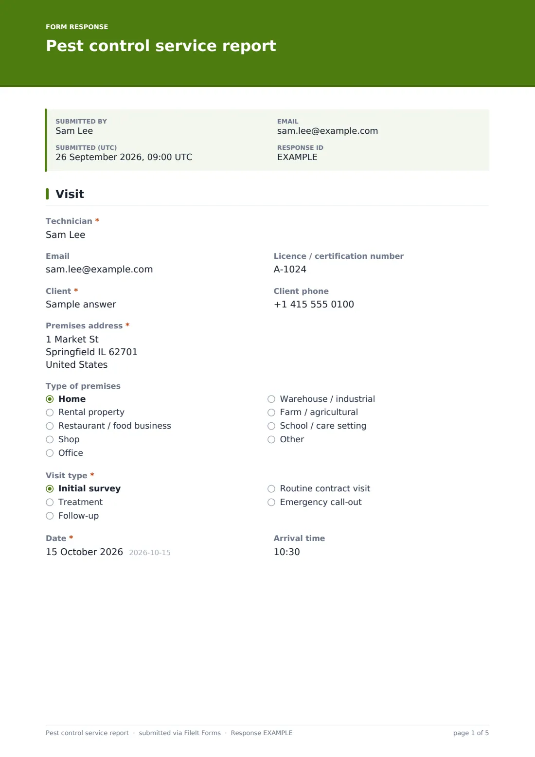 Pest control service report — example response PDF, page 1 of 5
