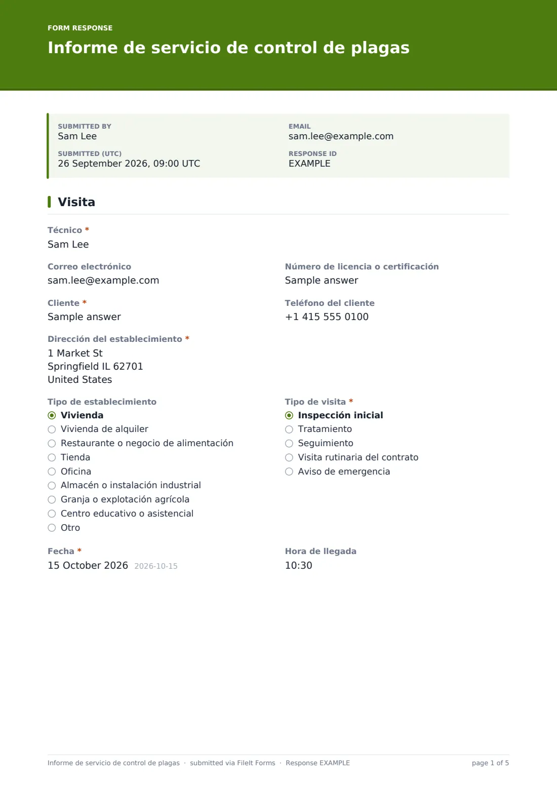 Informe de servicio de control de plagas — PDF de respuesta de ejemplo, página 1 de 5