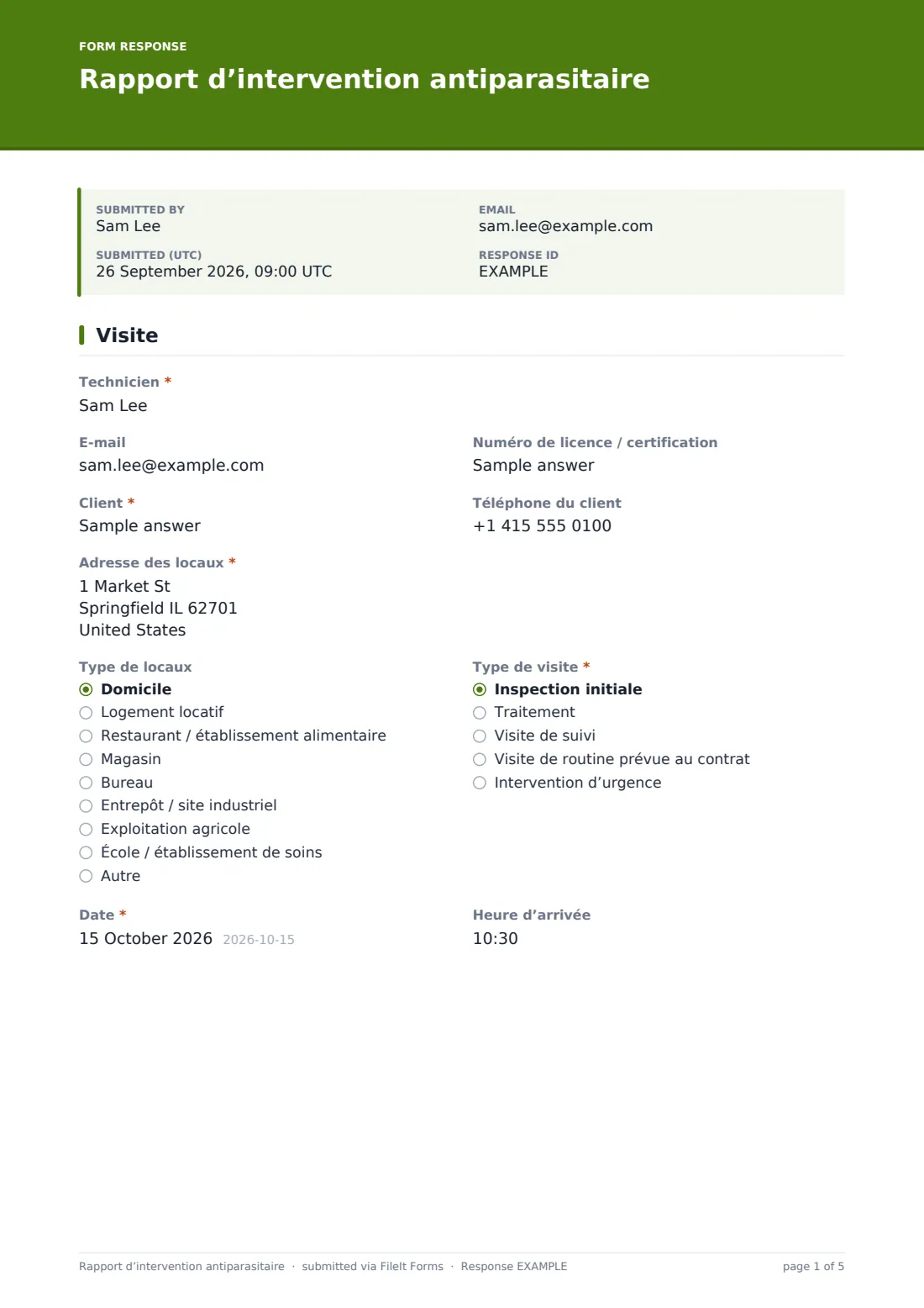 Rapport d’intervention antiparasitaire — exemple de réponse au format PDF, page 1 sur 5