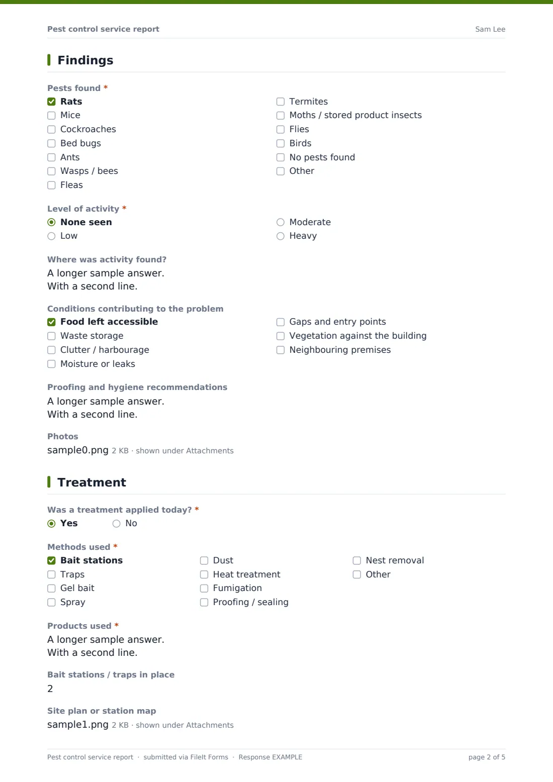 Pest control service report — example response PDF, page 2 of 5
