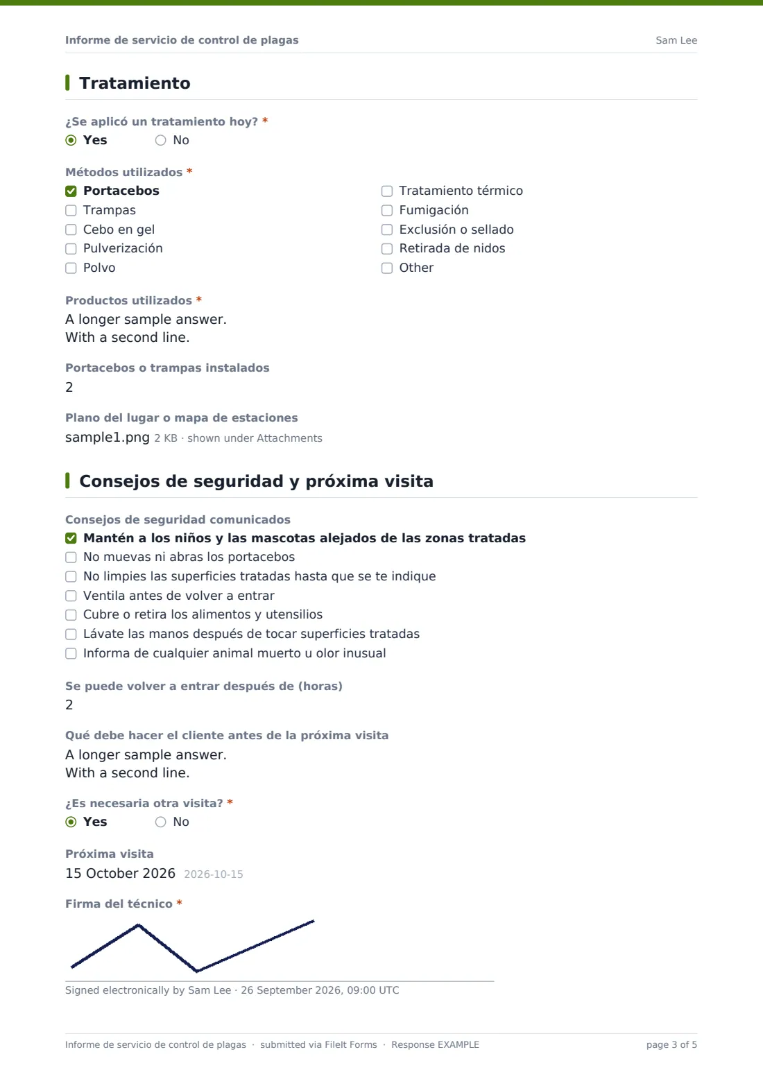 Informe de servicio de control de plagas — PDF de respuesta de ejemplo, página 3 de 5