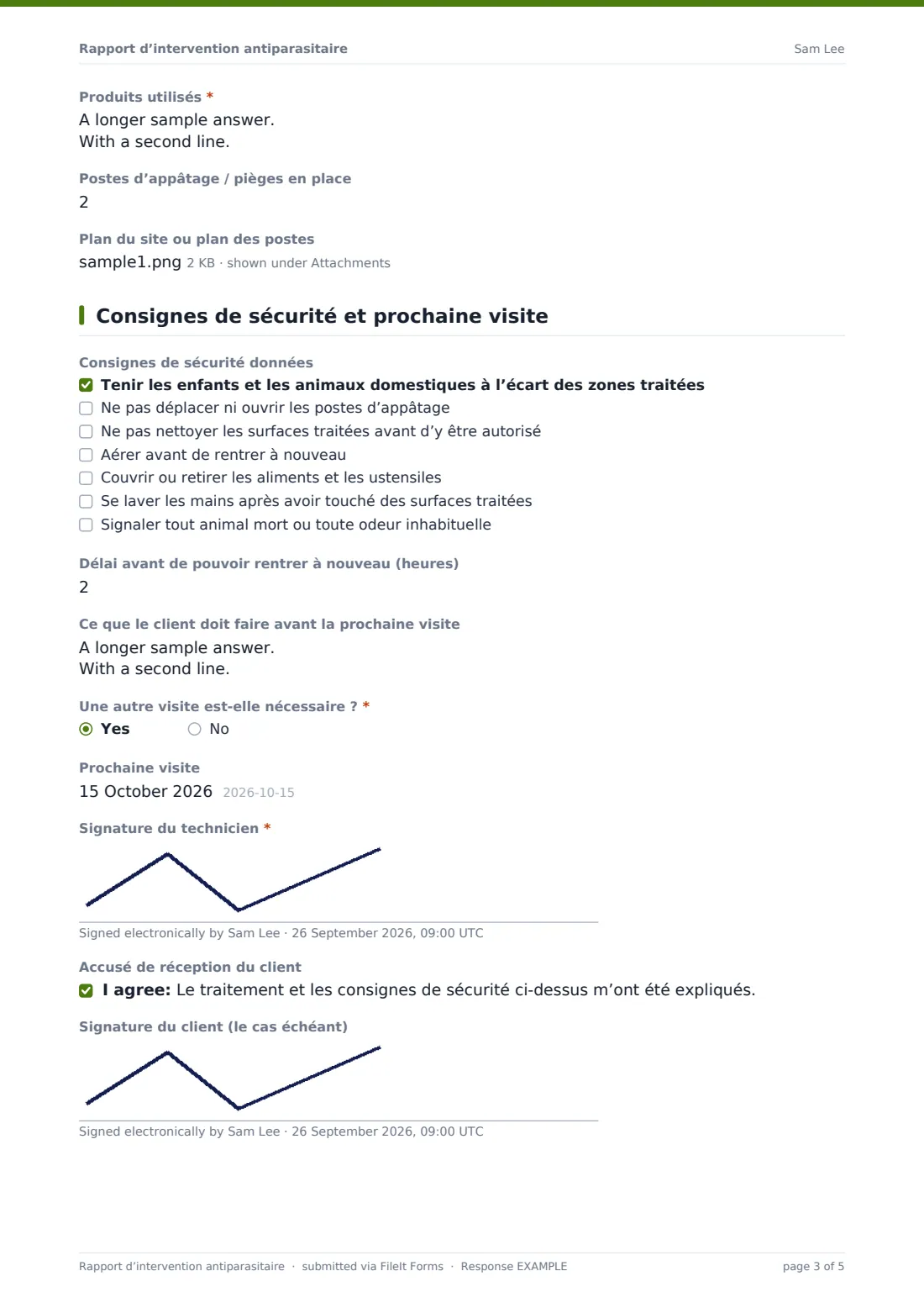 Rapport d’intervention antiparasitaire — exemple de réponse au format PDF, page 3 sur 5
