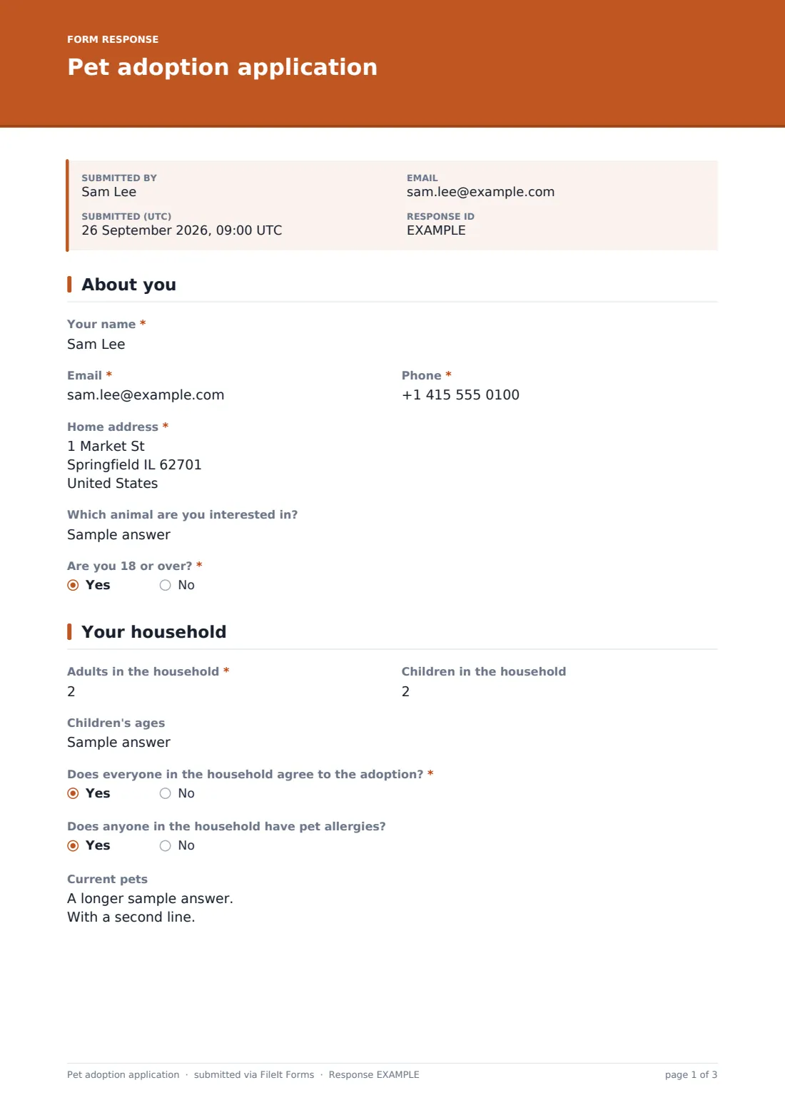 Pet adoption application — example response PDF, page 1 of 3