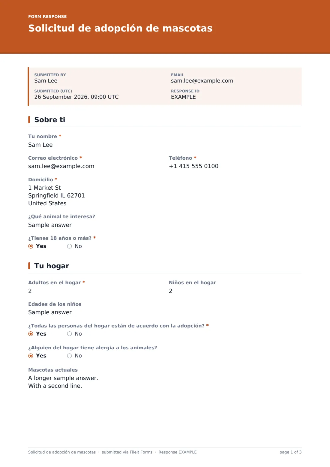 Solicitud de adopción de mascotas — PDF de respuesta de ejemplo, página 1 de 3