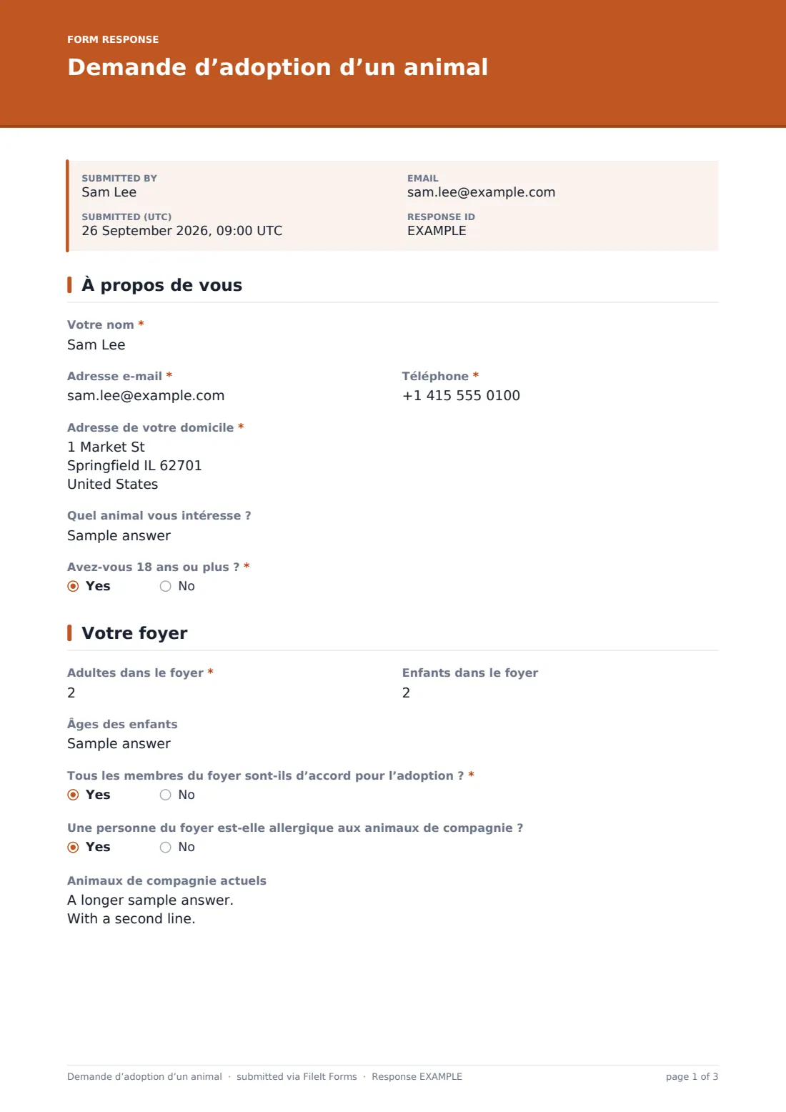Demande d’adoption d’un animal — exemple de réponse au format PDF, page 1 sur 3