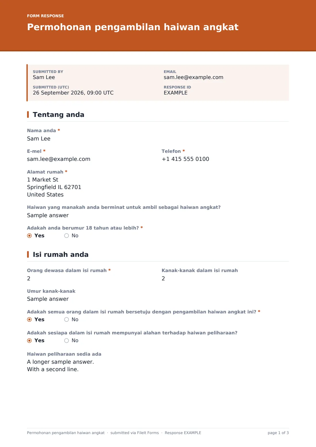 Permohonan pengambilan haiwan angkat — PDF respons contoh, halaman 1 daripada 3