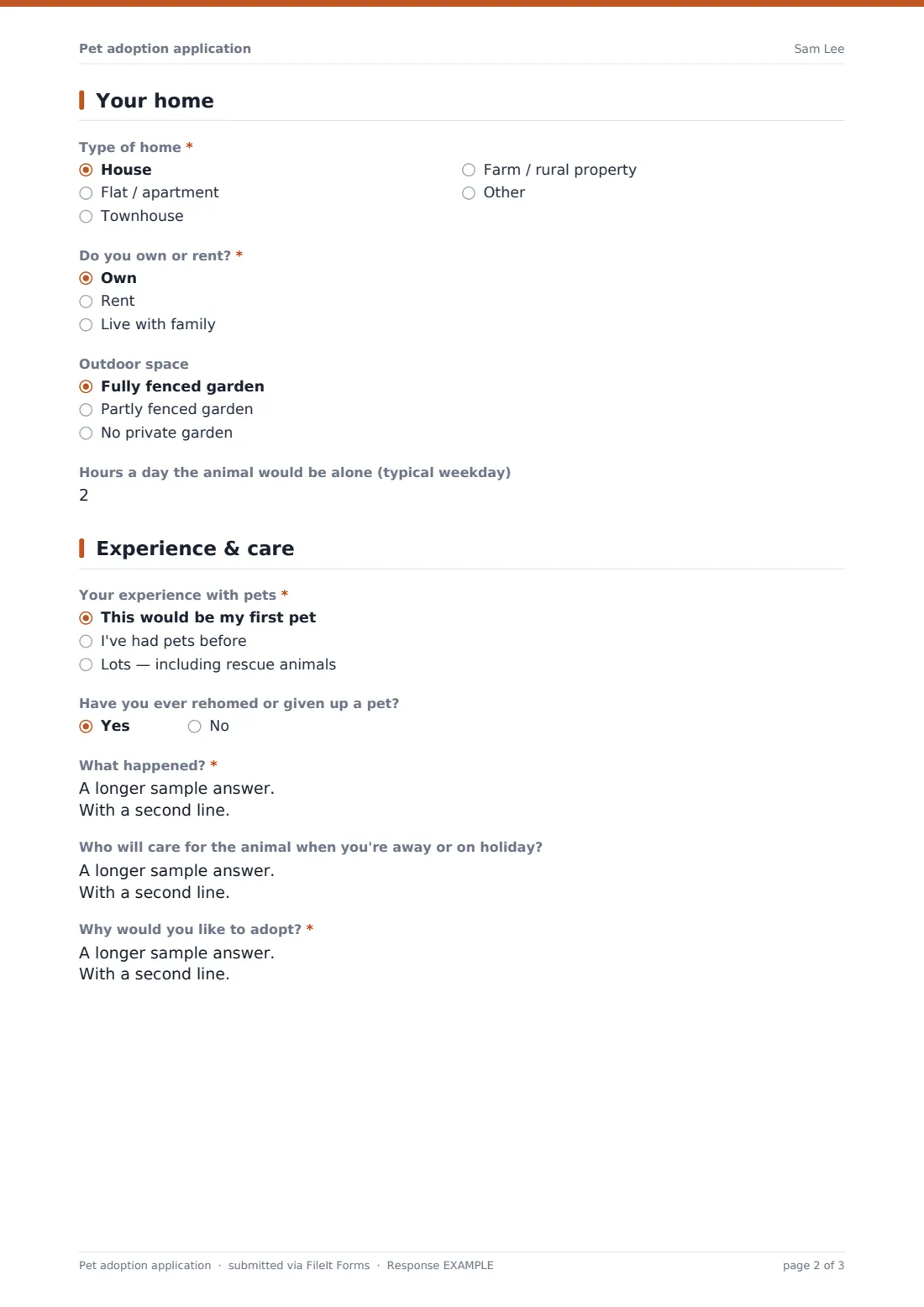 Pet adoption application — example response PDF, page 2 of 3