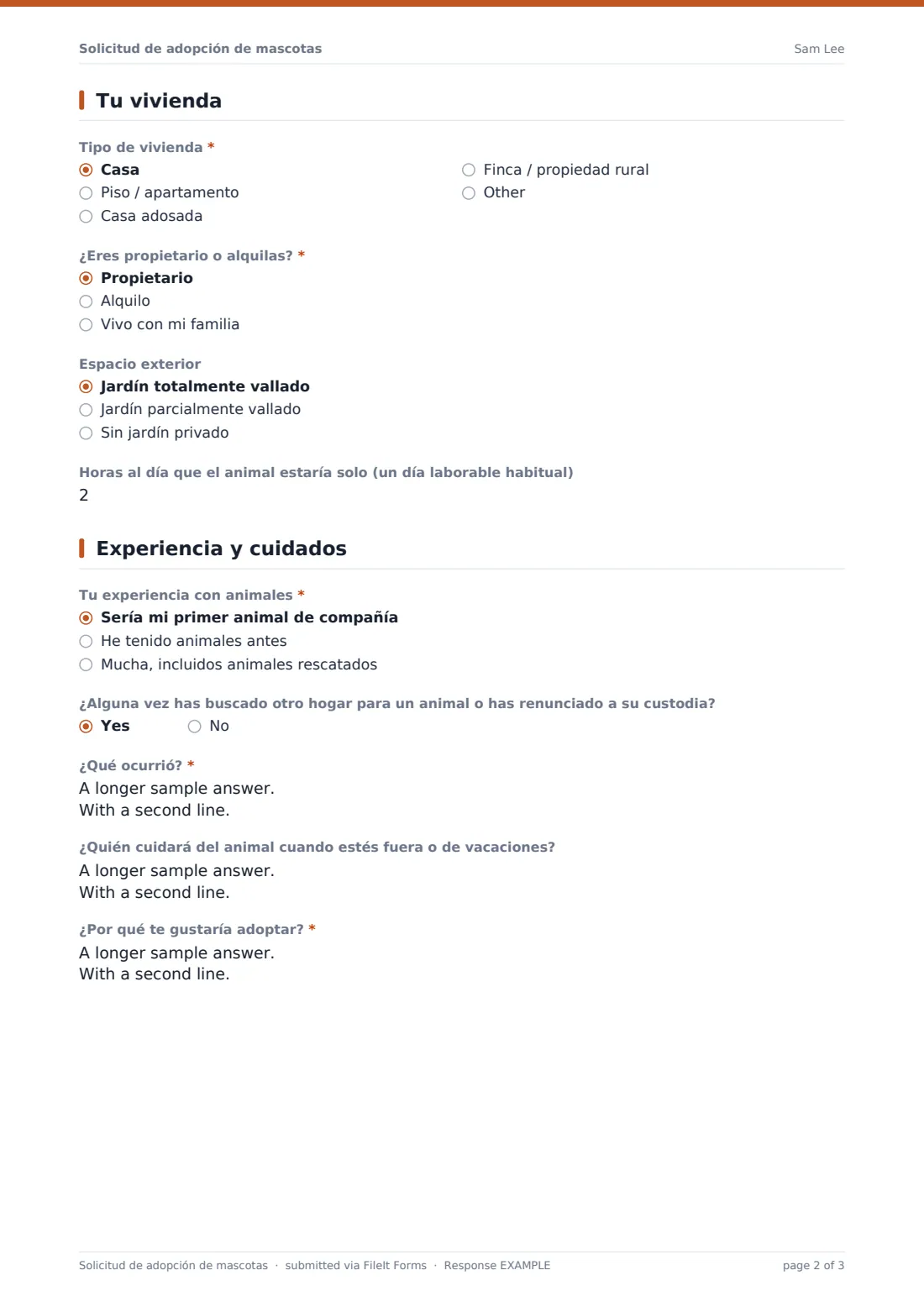 Solicitud de adopción de mascotas — PDF de respuesta de ejemplo, página 2 de 3