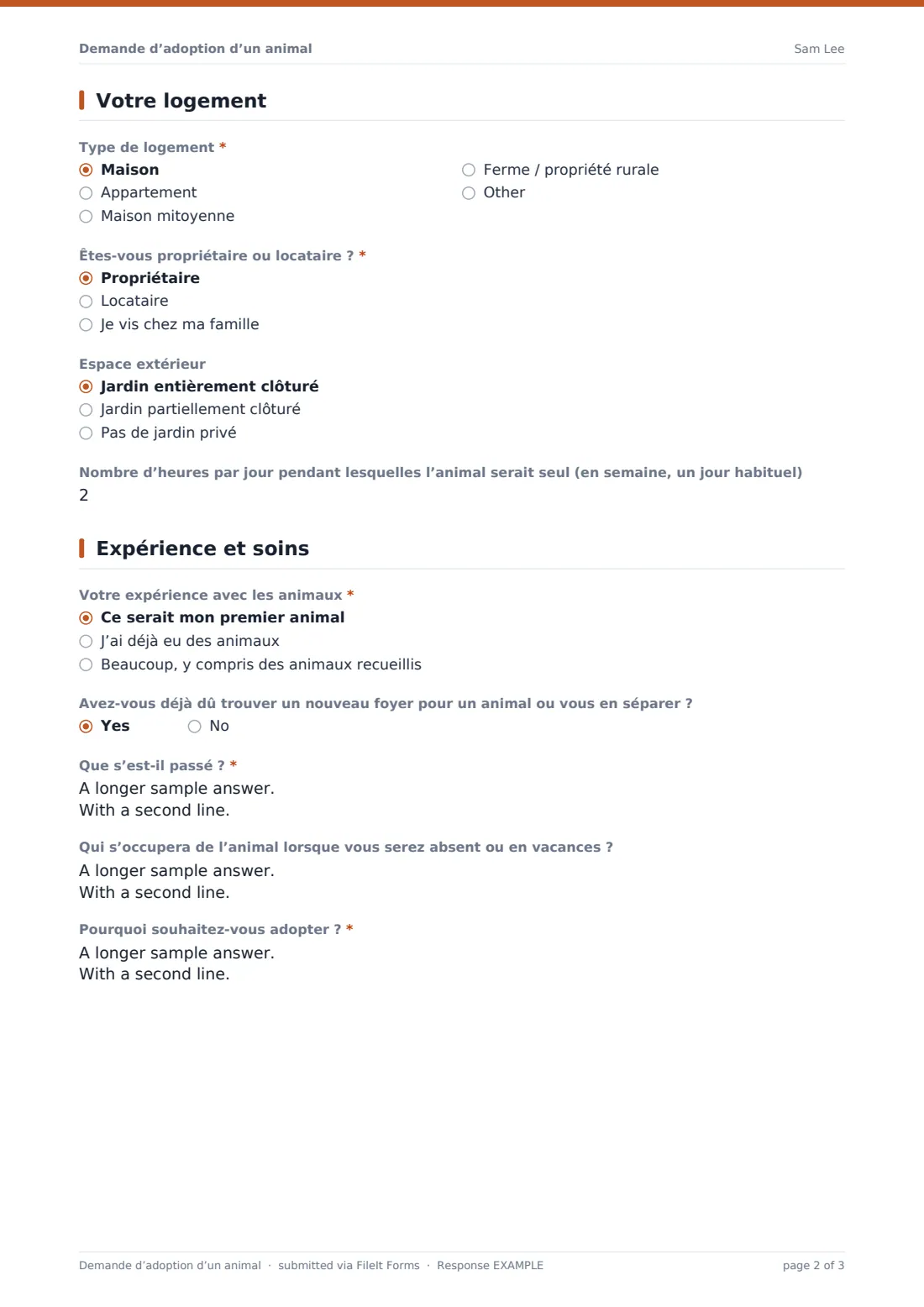 Demande d’adoption d’un animal — exemple de réponse au format PDF, page 2 sur 3