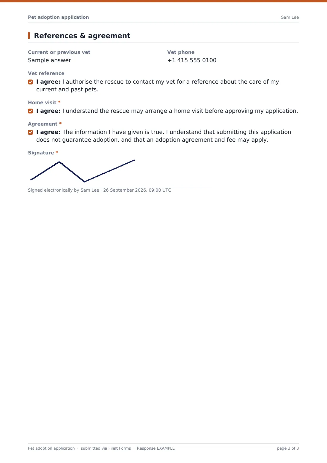 Pet adoption application — example response PDF, page 3 of 3