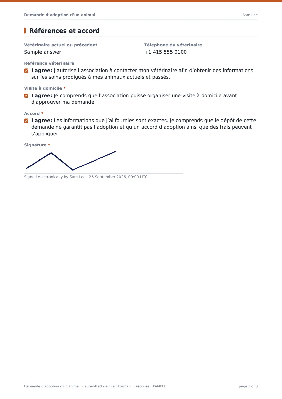 Demande d’adoption d’un animal — exemple de réponse au format PDF, page 3 sur 3
