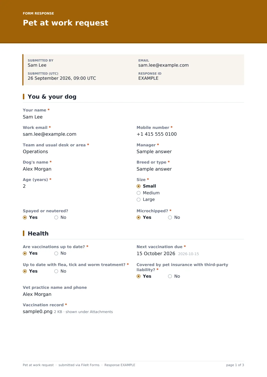 Pet at work request — example response PDF, page 1 of 3