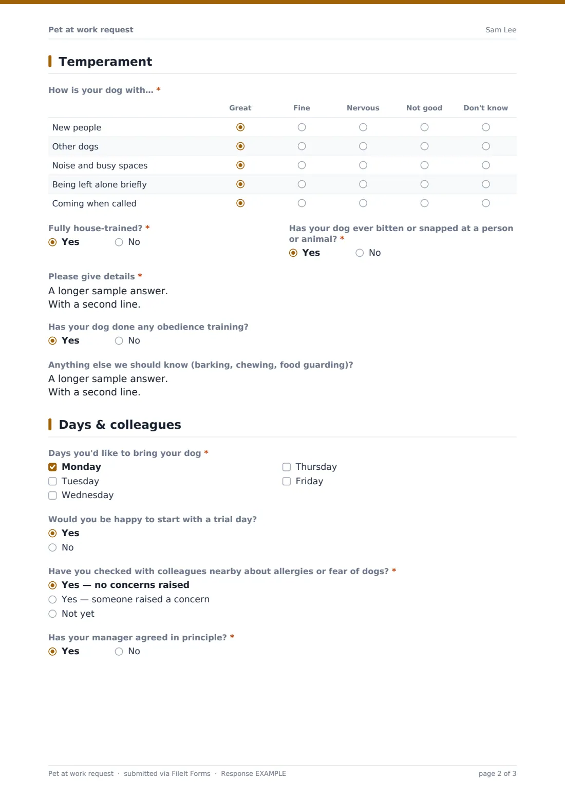 Pet at work request — example response PDF, page 2 of 3