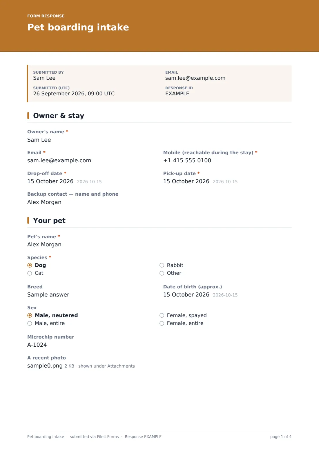 Pet boarding intake — example response PDF, page 1 of 4