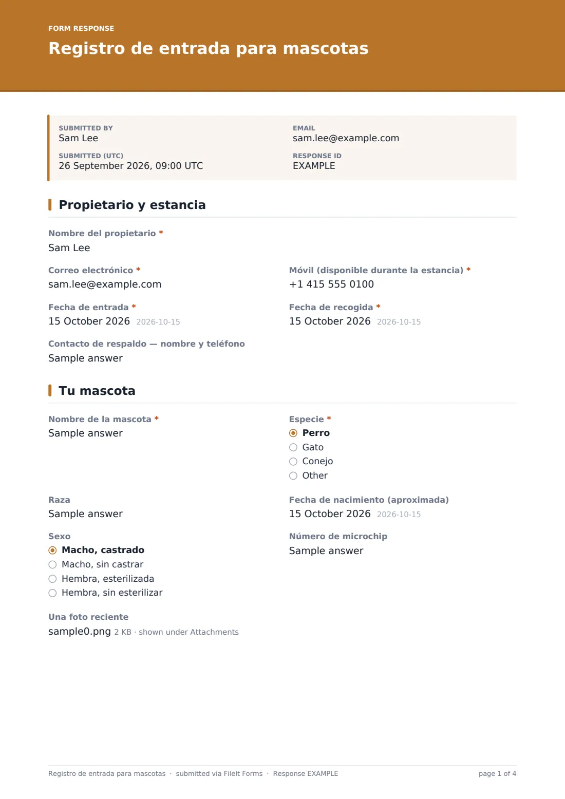 Registro de entrada para mascotas — PDF de respuesta de ejemplo, página 1 de 4