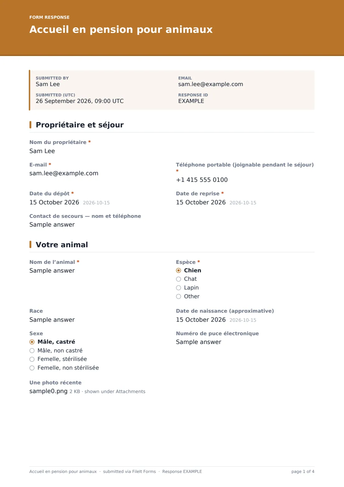 Accueil en pension pour animaux — exemple de réponse au format PDF, page 1 sur 4