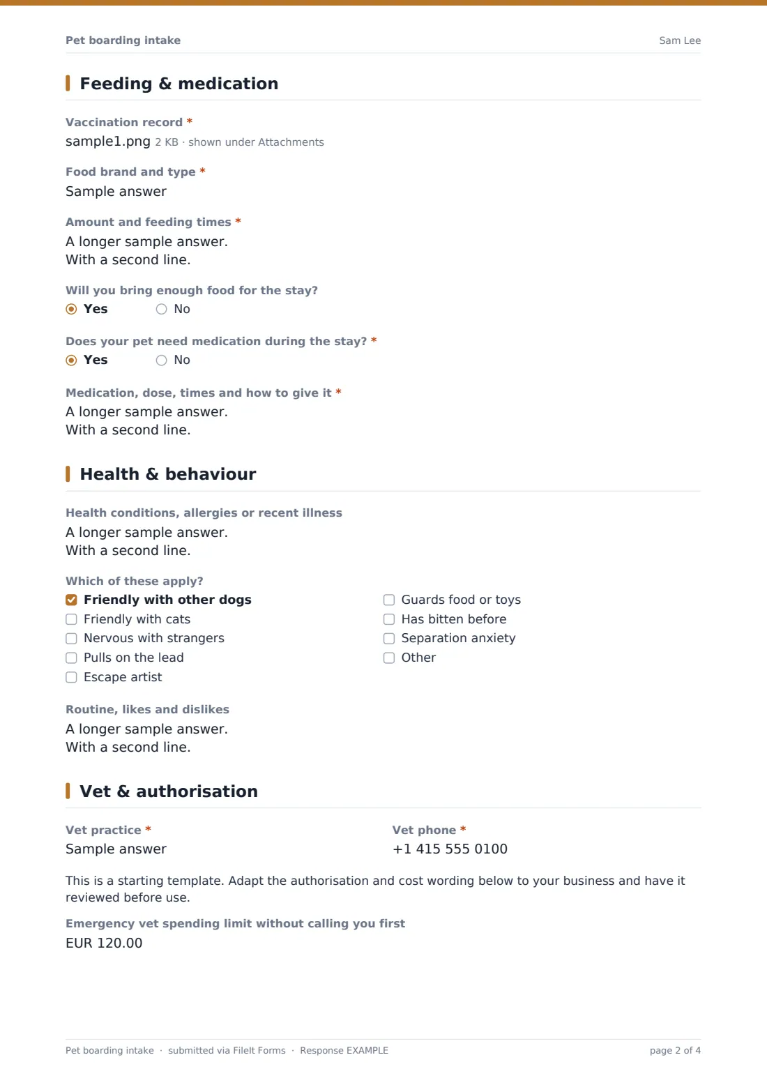 Pet boarding intake — example response PDF, page 2 of 4