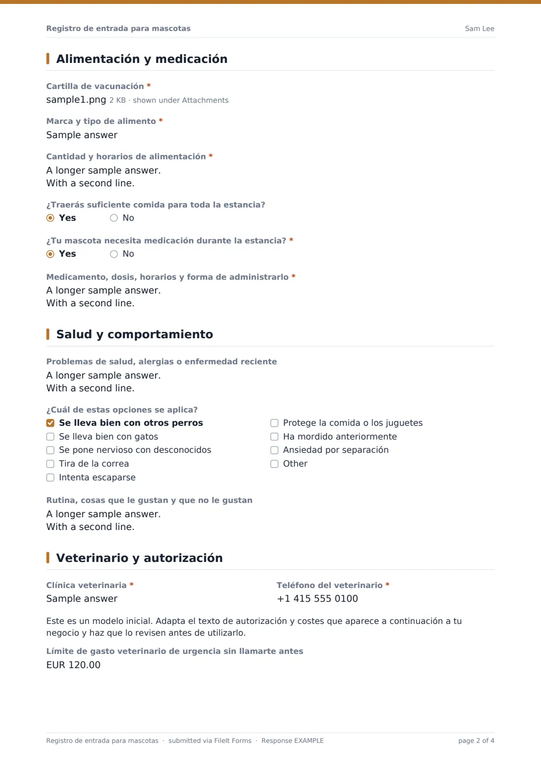 Registro de entrada para mascotas — PDF de respuesta de ejemplo, página 2 de 4