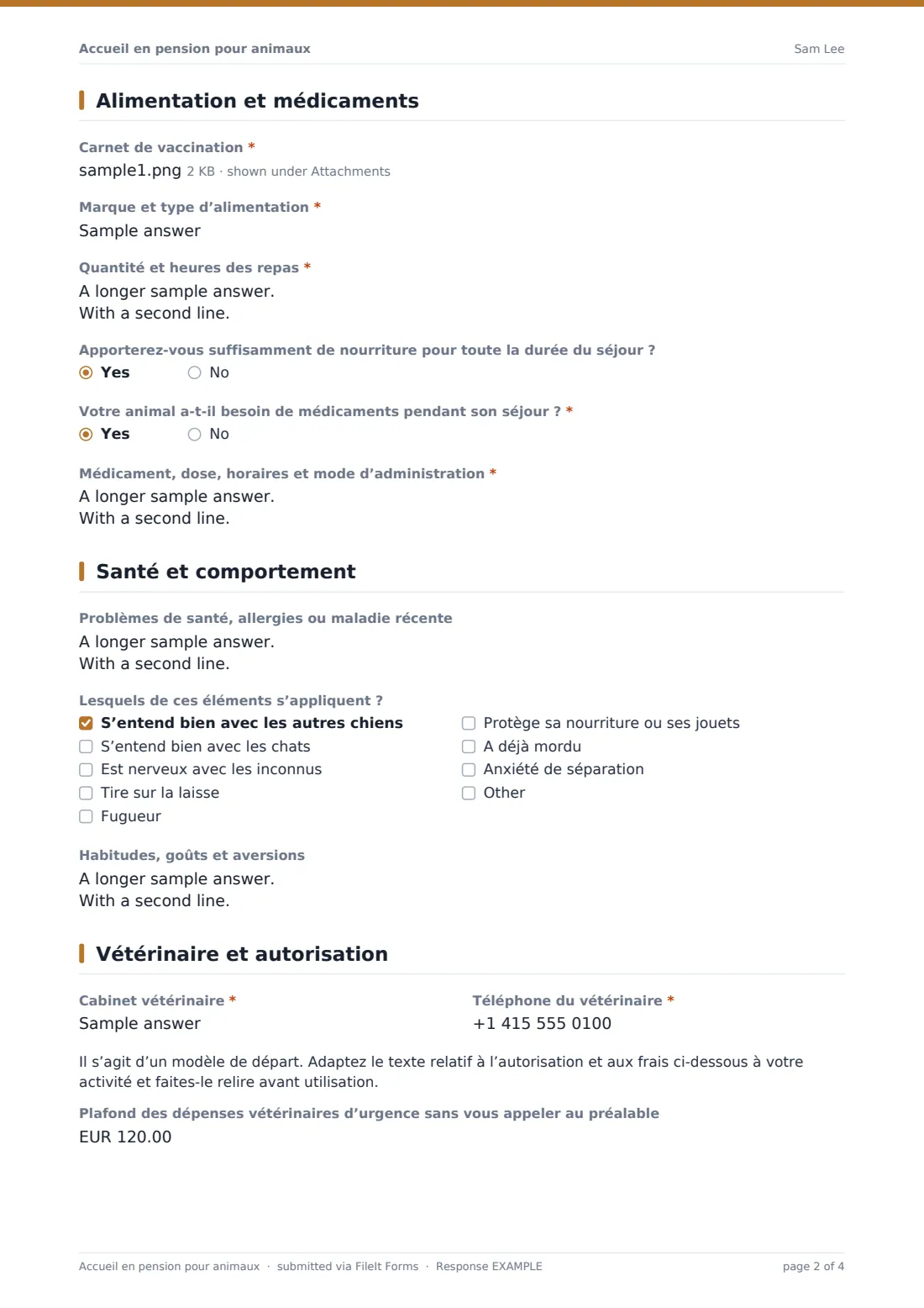 Accueil en pension pour animaux — exemple de réponse au format PDF, page 2 sur 4