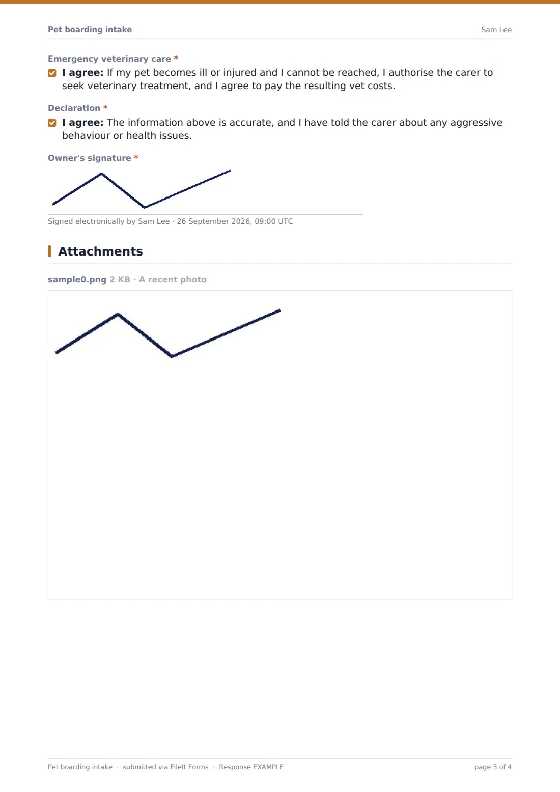 Pet boarding intake — example response PDF, page 3 of 4