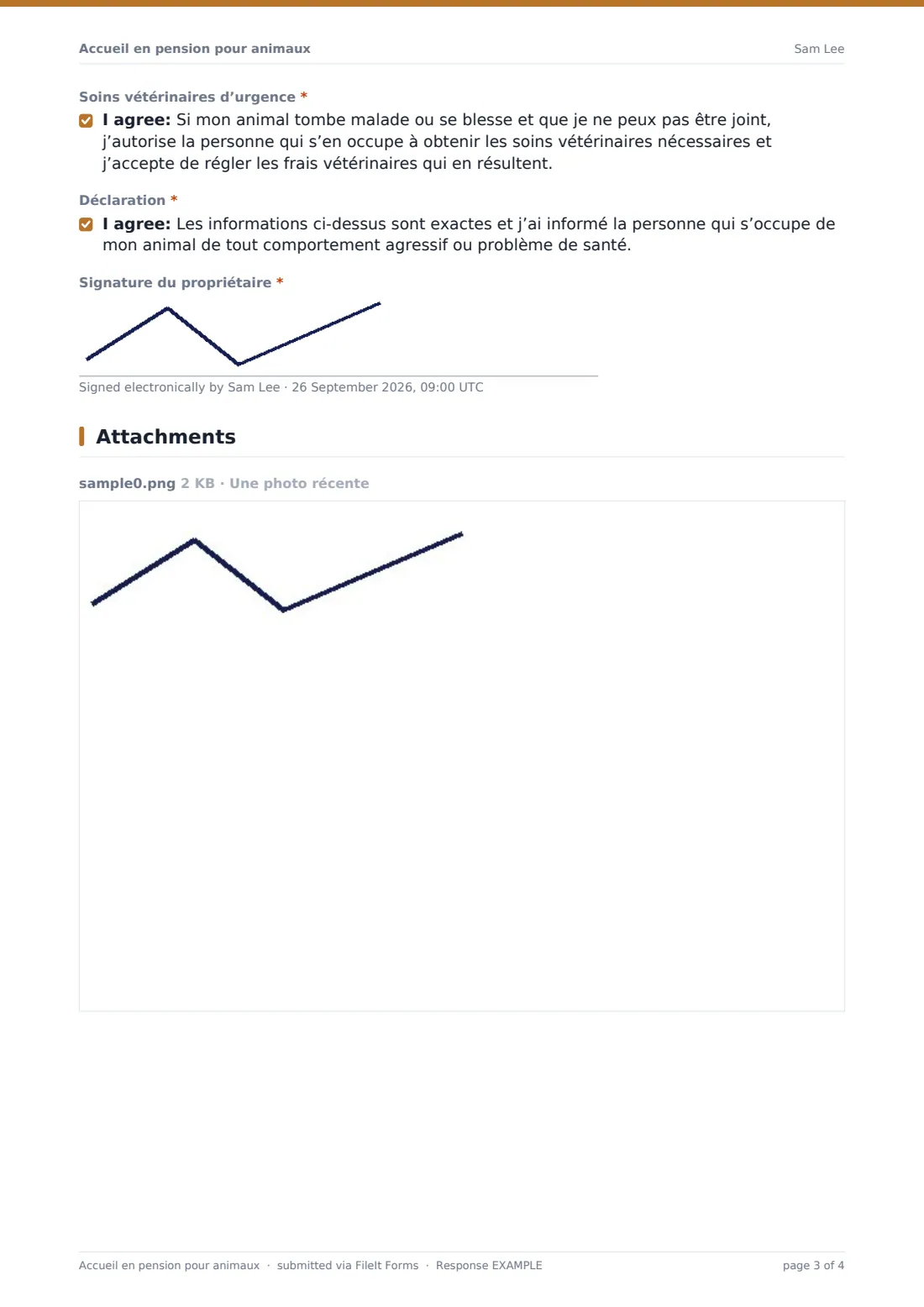 Accueil en pension pour animaux — exemple de réponse au format PDF, page 3 sur 4