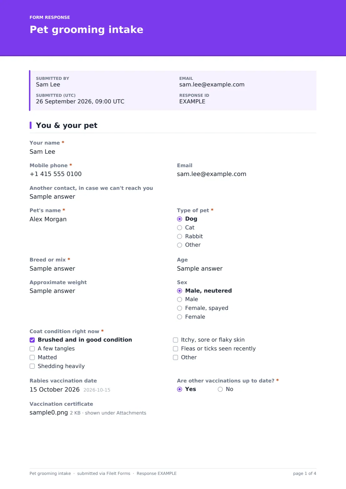 Pet grooming intake — example response PDF, page 1 of 4