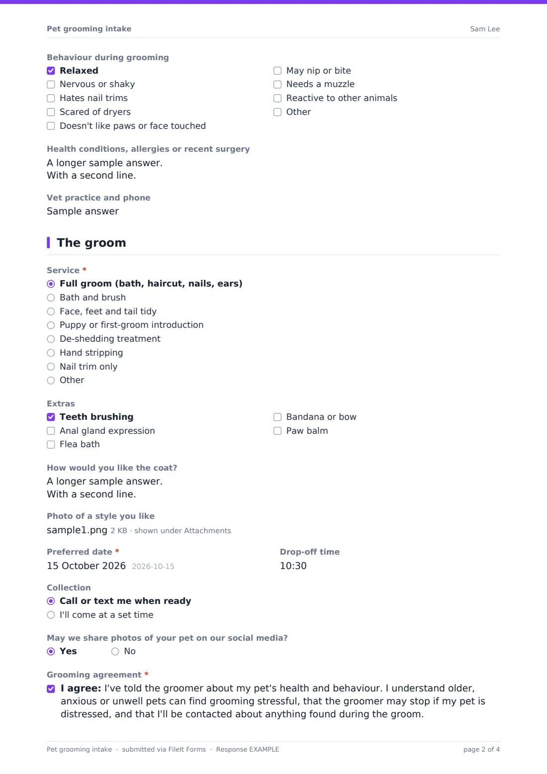 Pet grooming intake — example response PDF, page 2 of 4