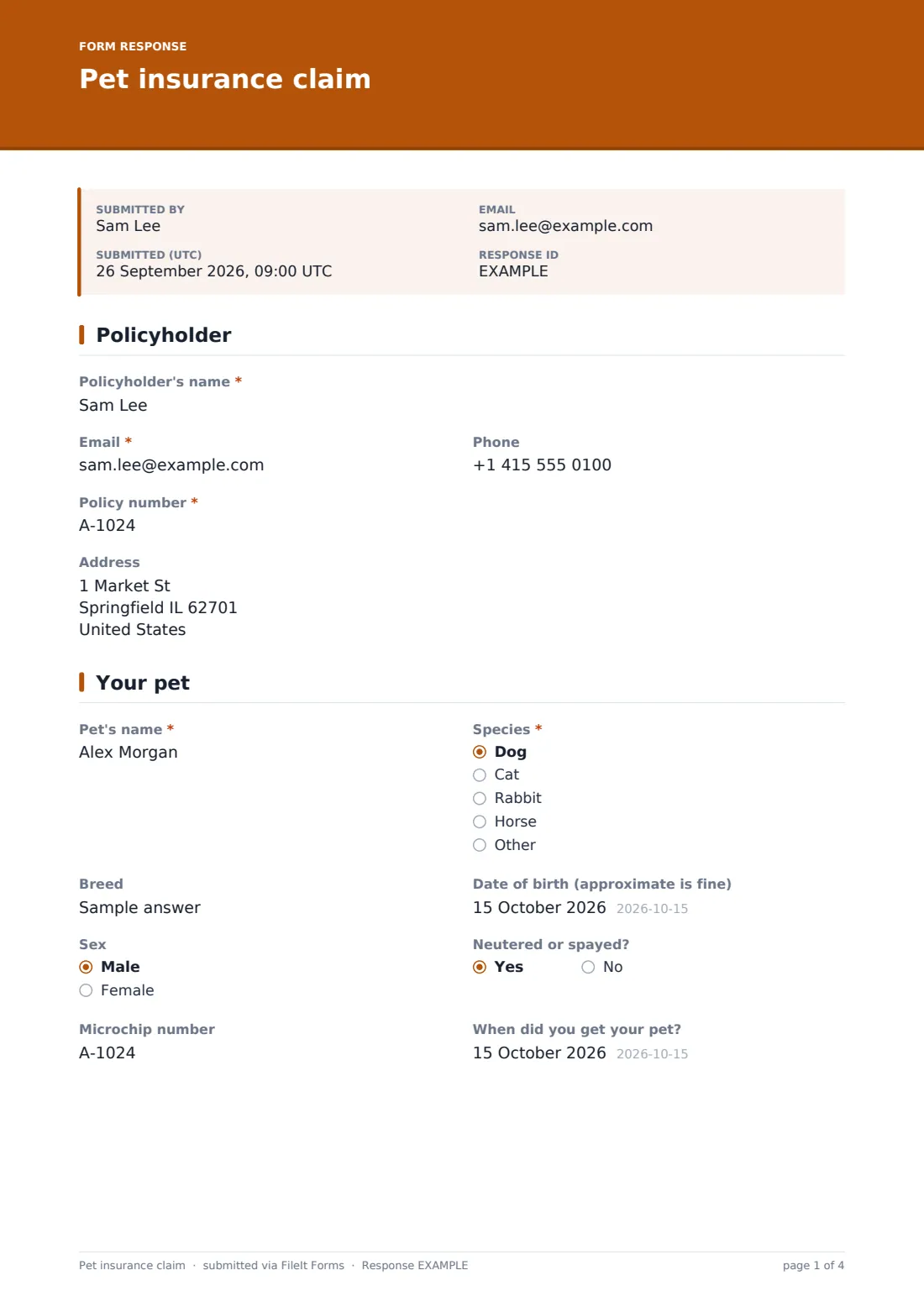 Pet insurance claim — example response PDF, page 1 of 4
