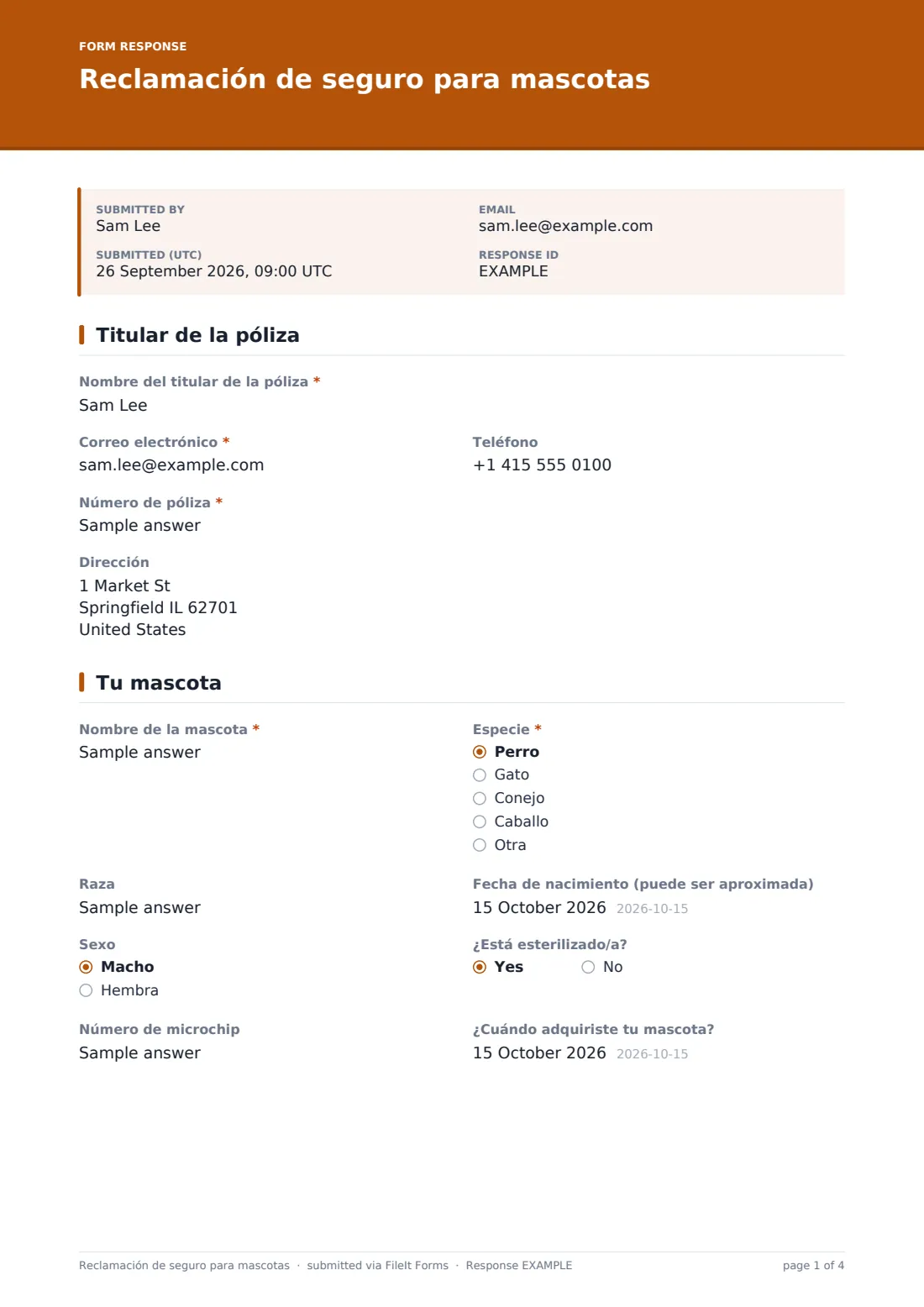 Reclamación de seguro para mascotas — PDF de respuesta de ejemplo, página 1 de 4