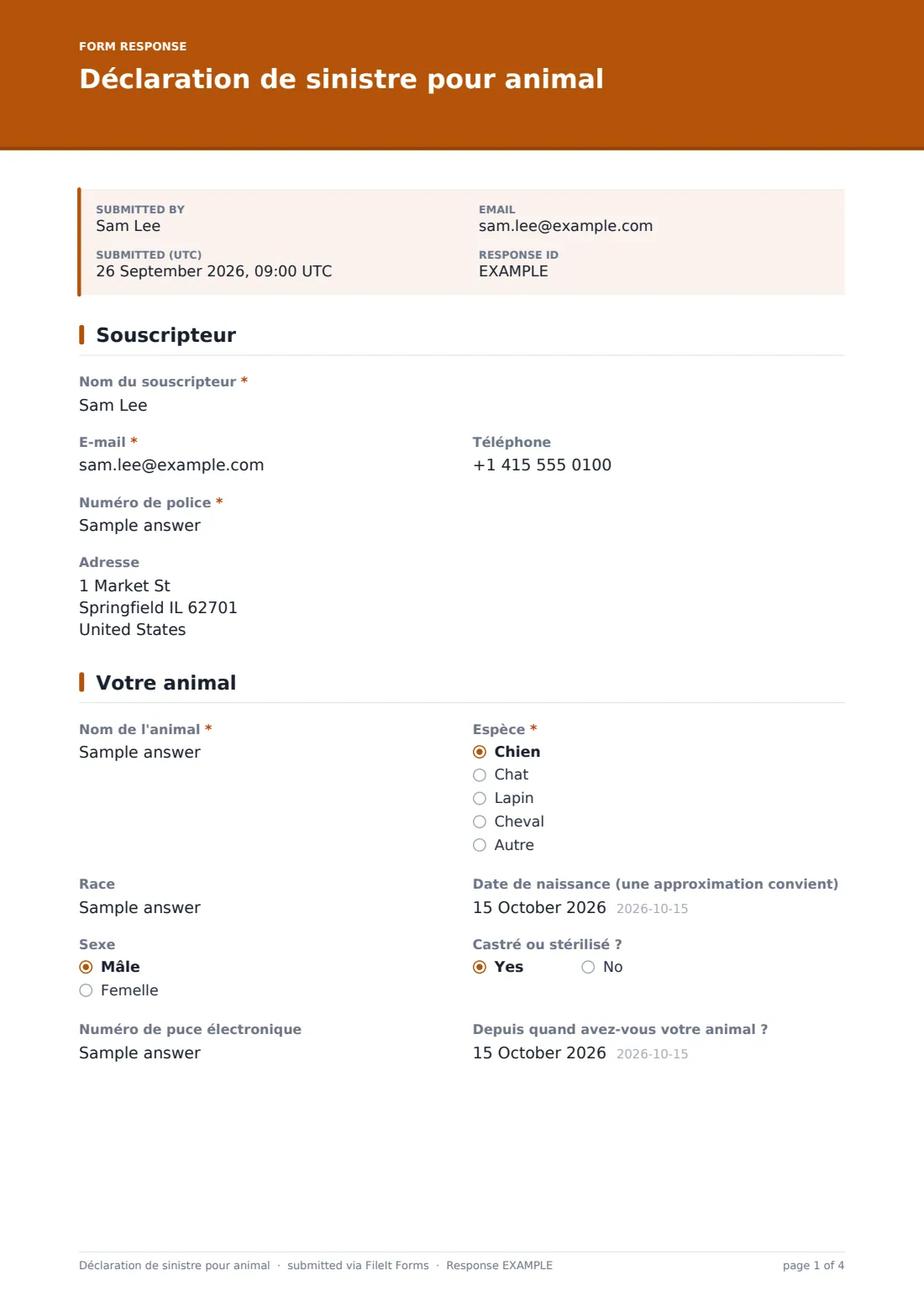 Déclaration de sinistre pour animal — exemple de réponse au format PDF, page 1 sur 4