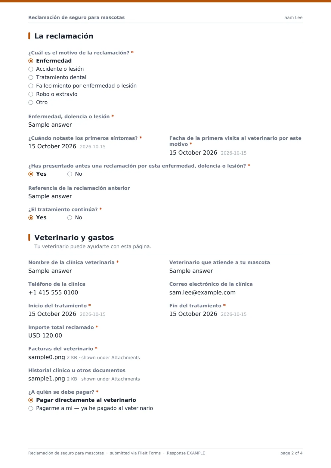 Reclamación de seguro para mascotas — PDF de respuesta de ejemplo, página 2 de 4